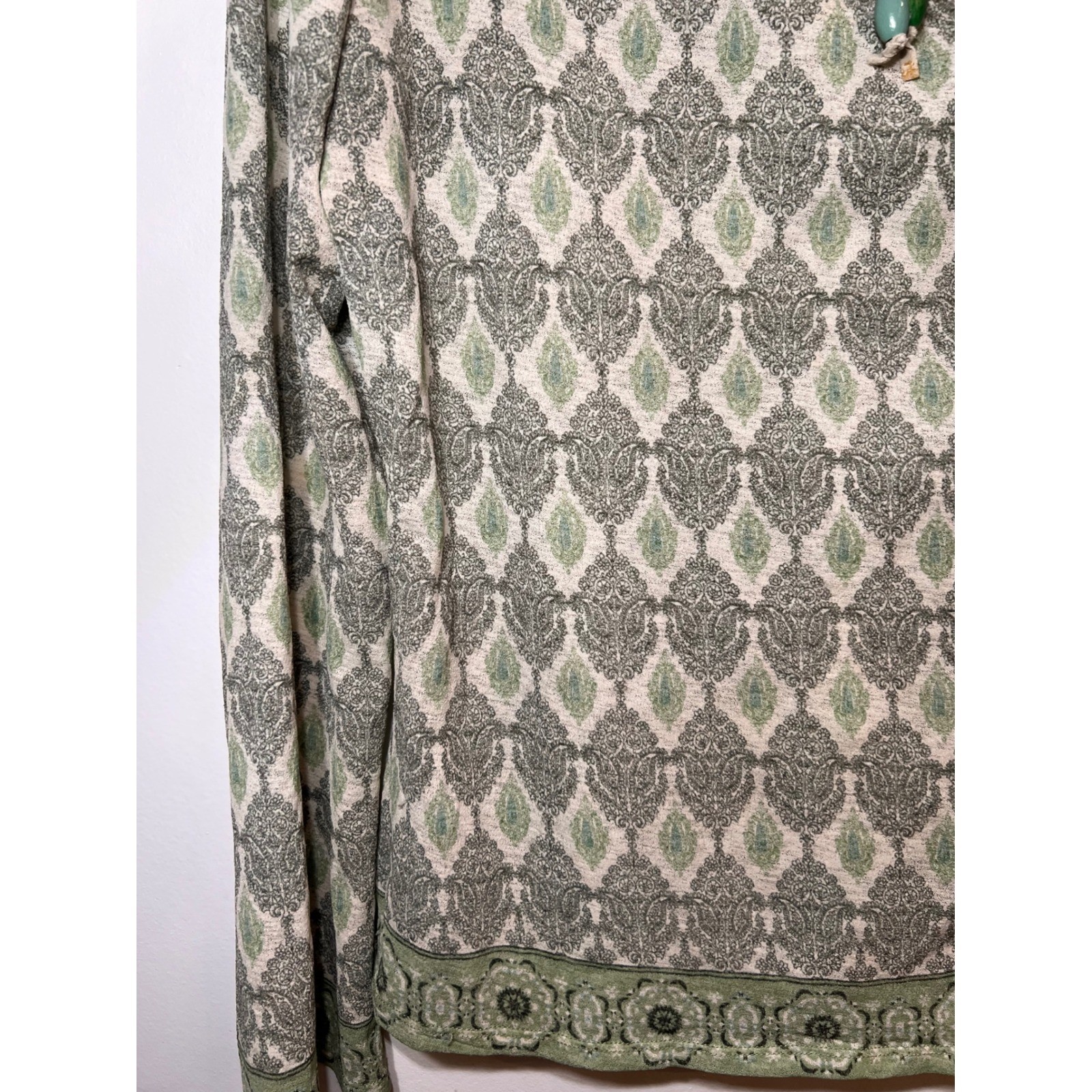 Vintage Y2K Boho Peasant Damask Green Long Sleeve Beaded Tassle Top- Large