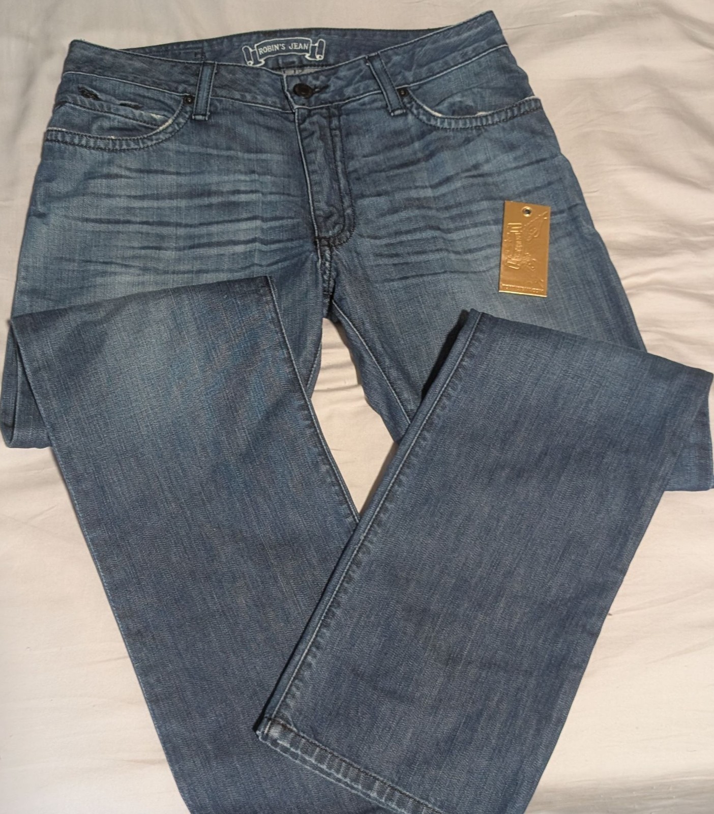 Robin’s Jean rare discontinued waist 34 gold studded back Pockets medium wash