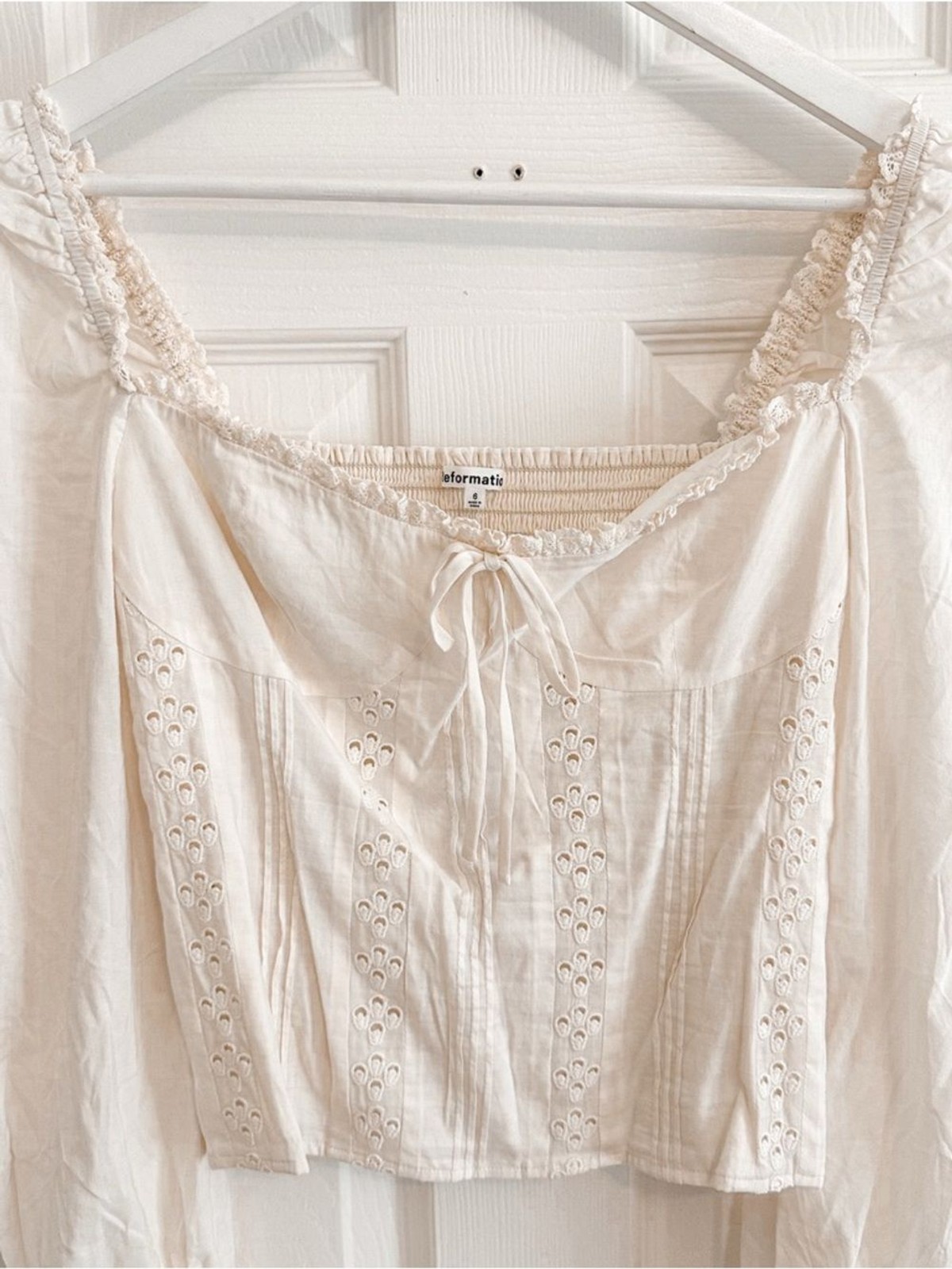 Reformation Isadora Top Cream Eyelet Tie-Front Peasant Blouse