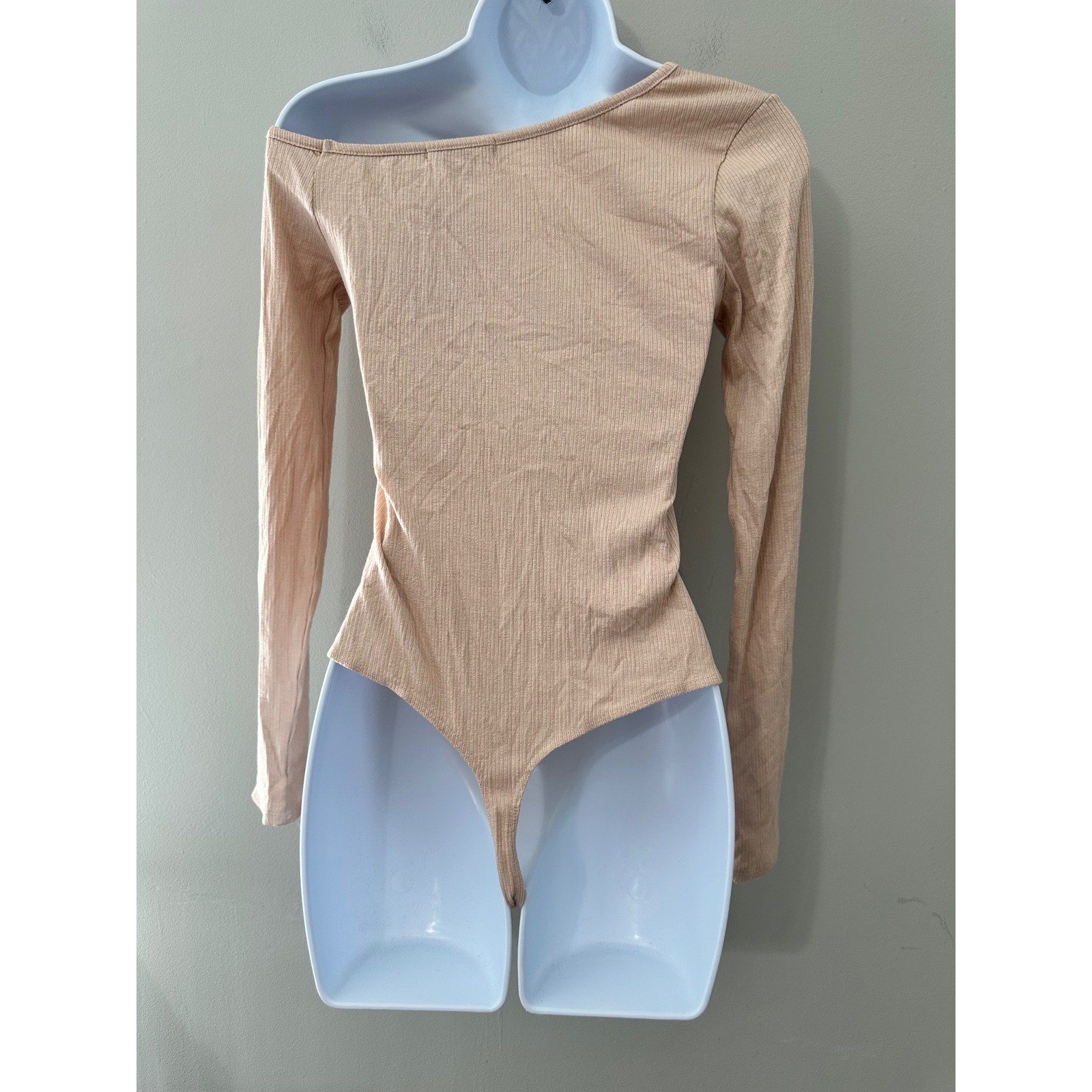 Trouvé Womens Ribbed Knit Bodysuit Long Sleeve Off Shoulder Beige Size S
