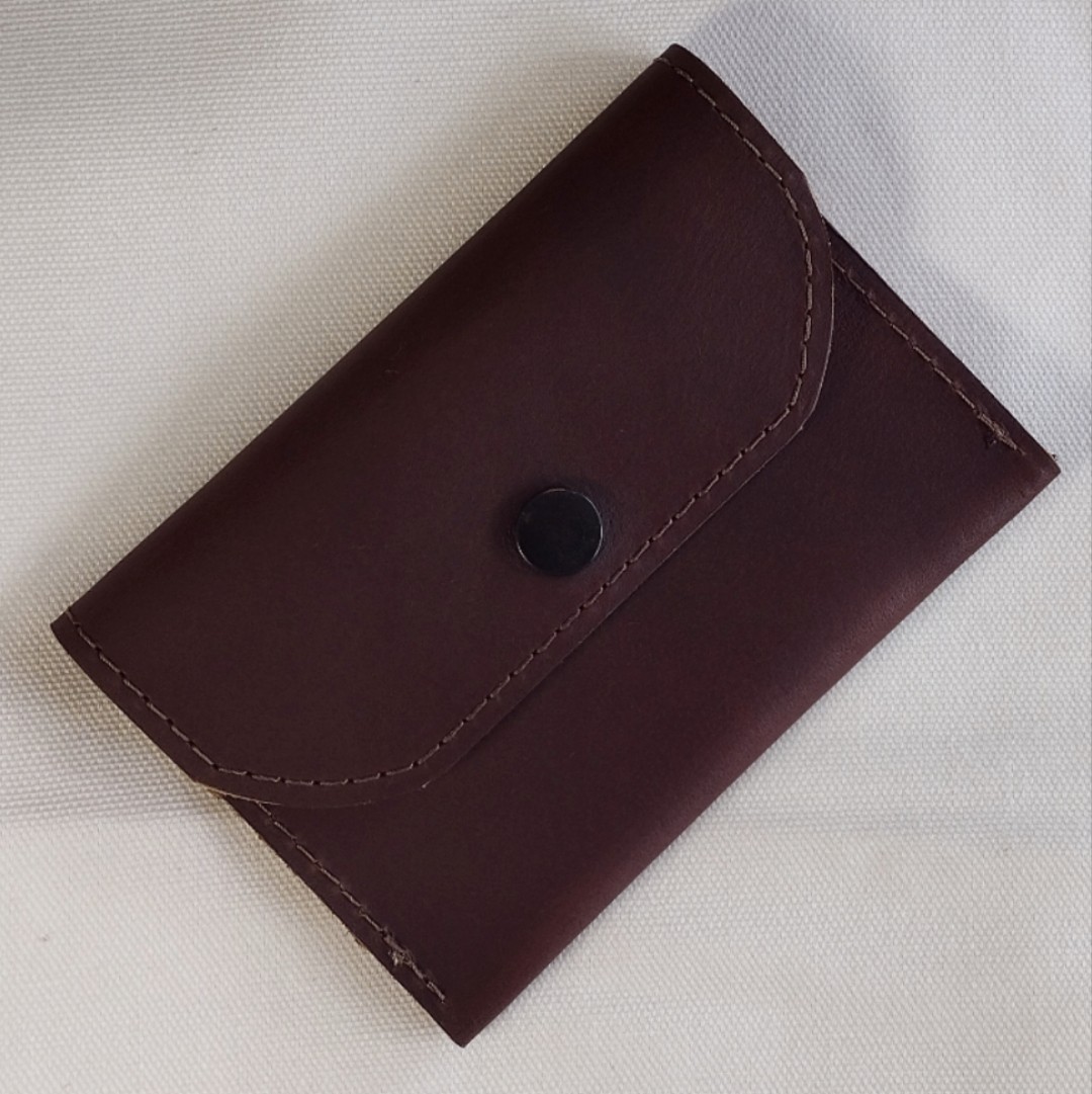 handmade real leather snap button pouch for coins card cash brown