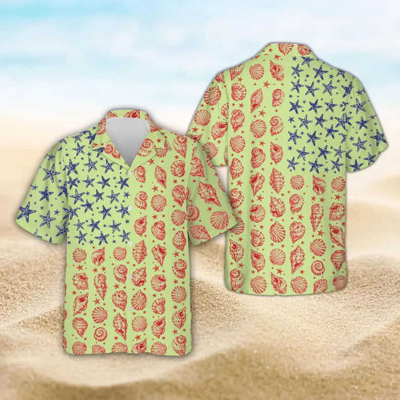 Patriotic American Flag Hawaiian Shirt, Starfish And Seashell USA Flag Aloha #2