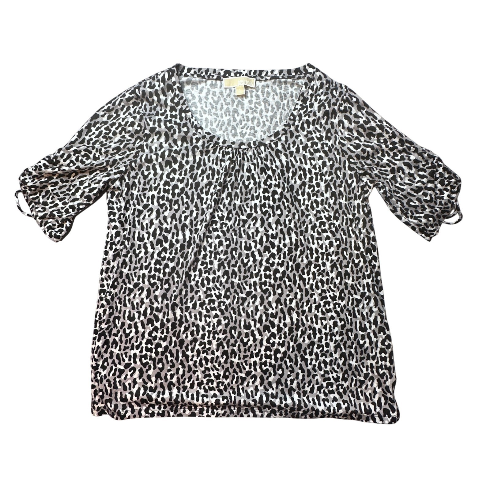 Michael Kors Top Women L Grey Leopard Print Cinched Puff Sleeve Scoop Neck