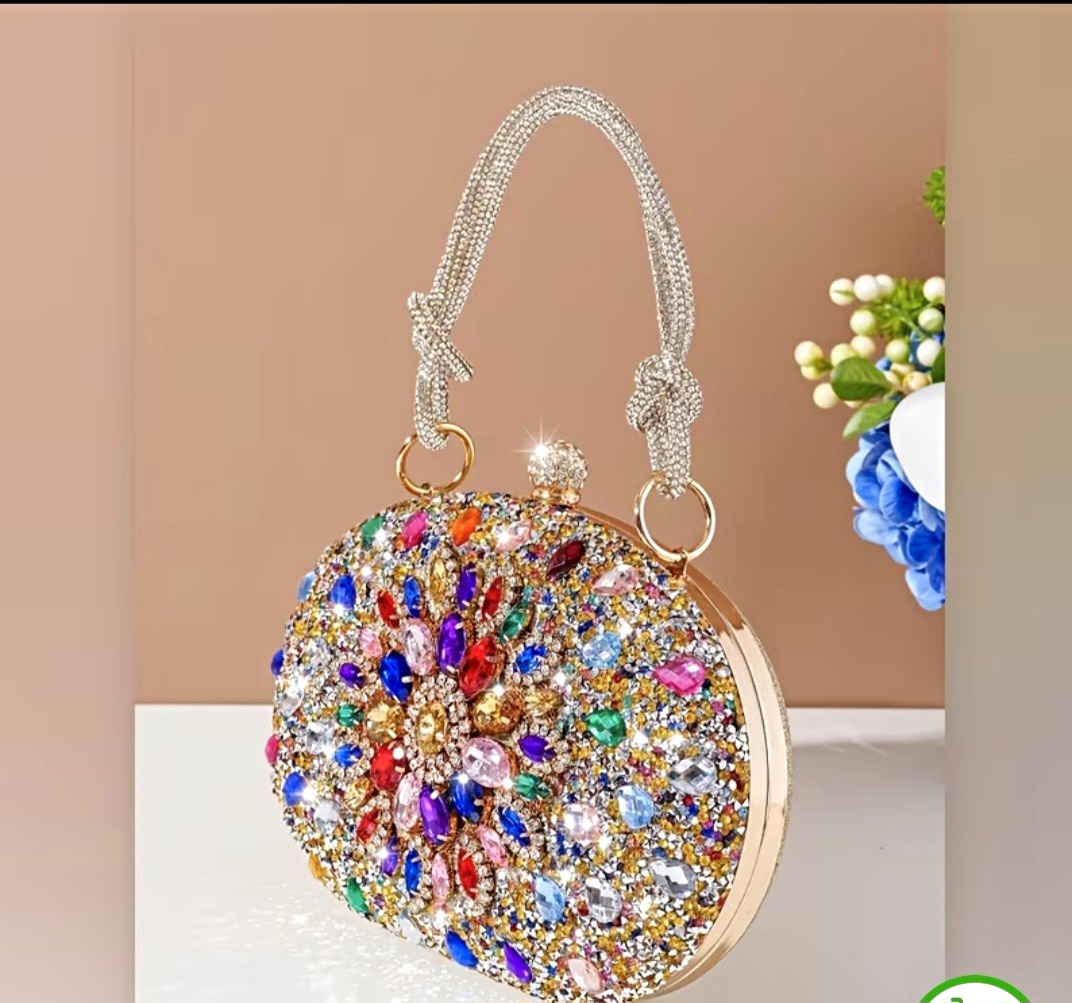 Multicolor Rhinestone Crystal Oval Clutch Top Handle Chain Strap Clasp Gold