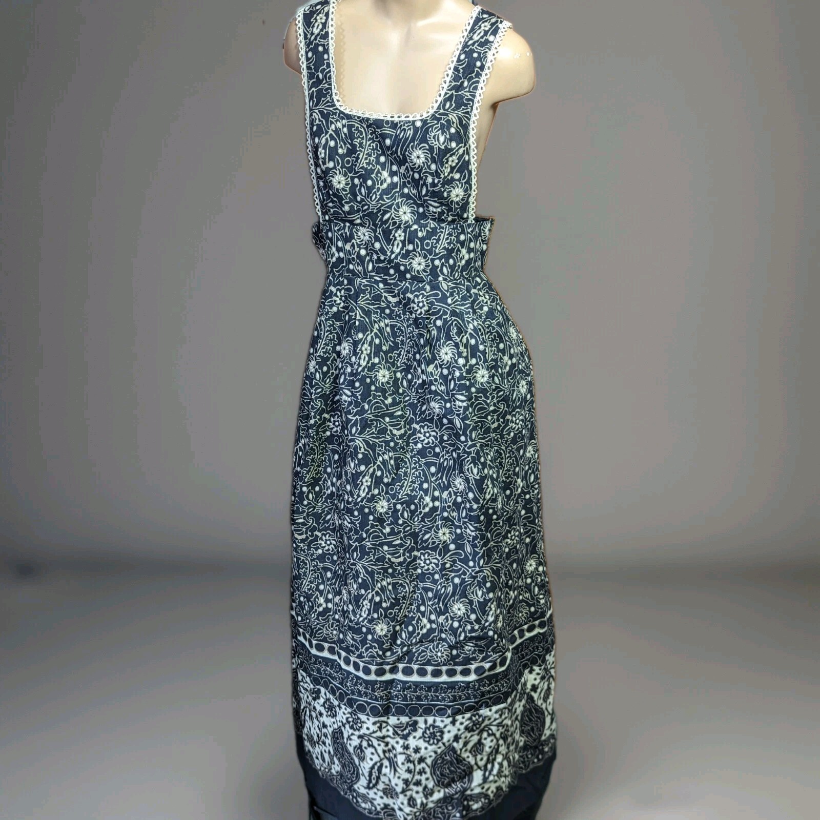 Vintage 1970s Dollyrockers Linen Batik Hippie Cottagecore Pinafore Dress Sz S