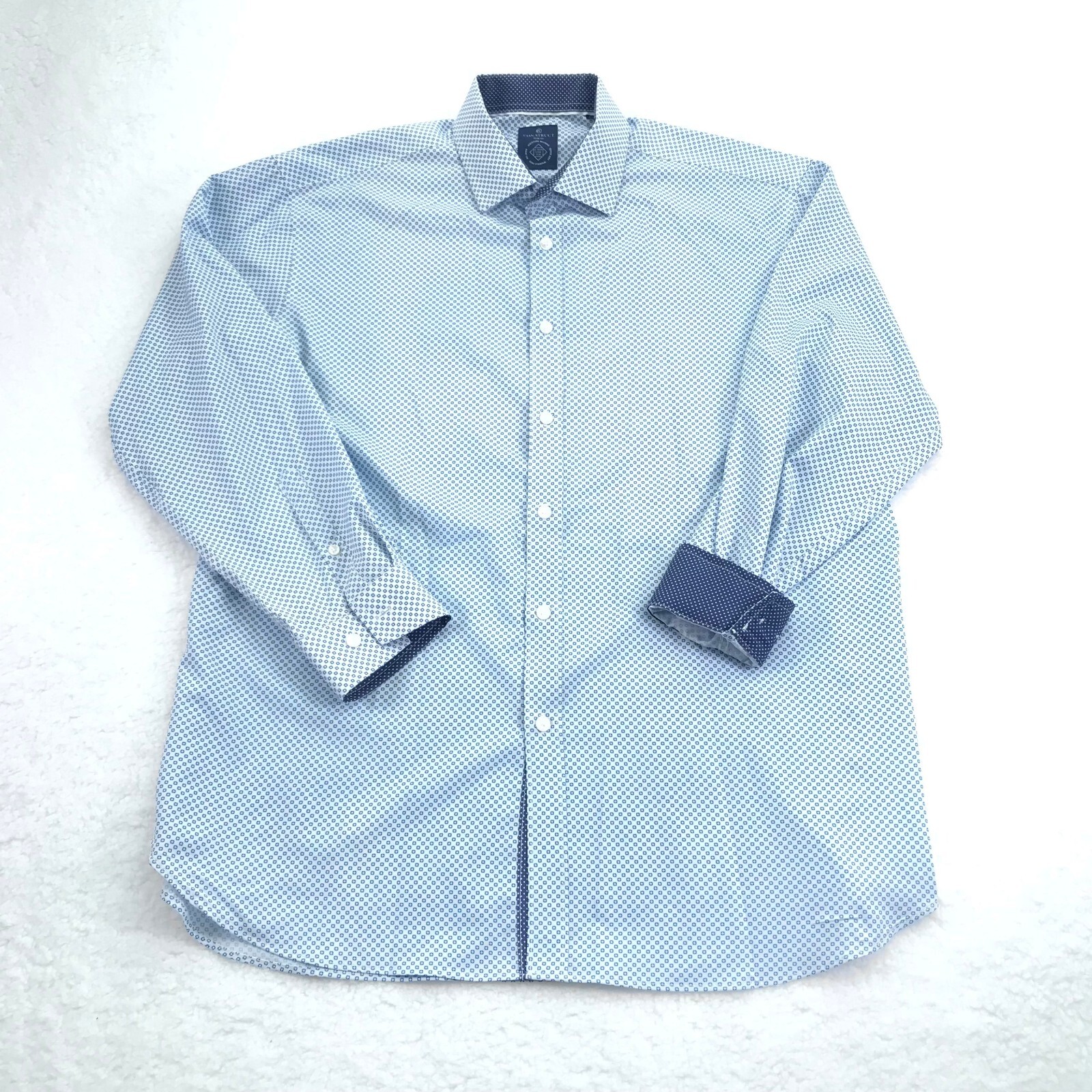Con.Struct Shirt Mens 17 32-33 White Blue Geo 4 Way Stretch Slim Fit Flip Cuff