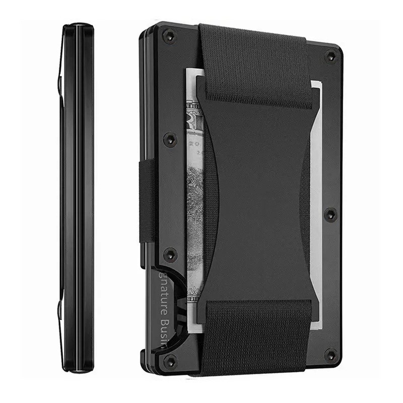 Leatherboss Slim Wallets for Mens Metal Wallet with Cash Strap Thin Minimalist