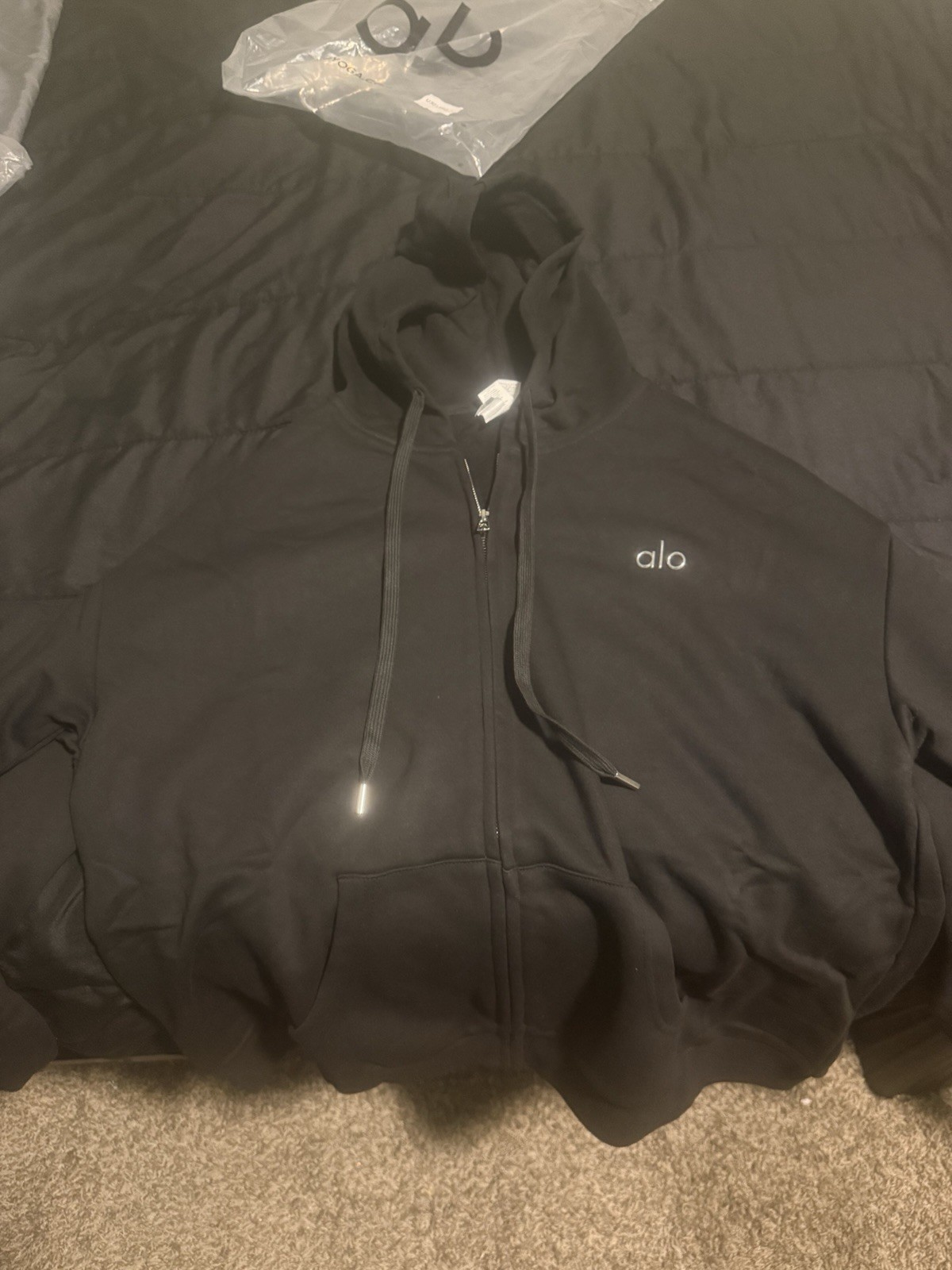 ALO Black Cotton Logo Full Zip Hooded Hoodie w/ Pockets Men’s Size M
