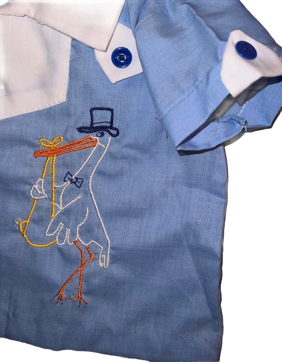 Vintage Baby Boy 2 Pc Easter Set 0-6 Mo Shirt & Plastic Lined Bottom Suit Stork