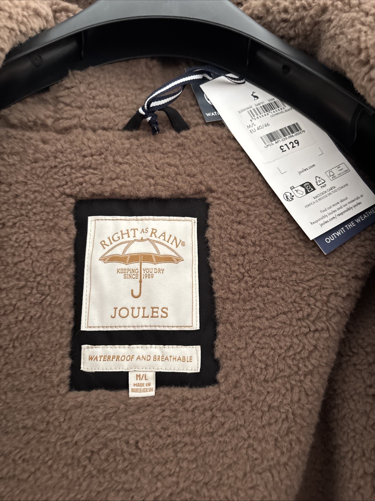 JOULES Coverwell Black Fleece Lined Waterproof Coat M/L EU40-46 BNWT RRP£129 Bl