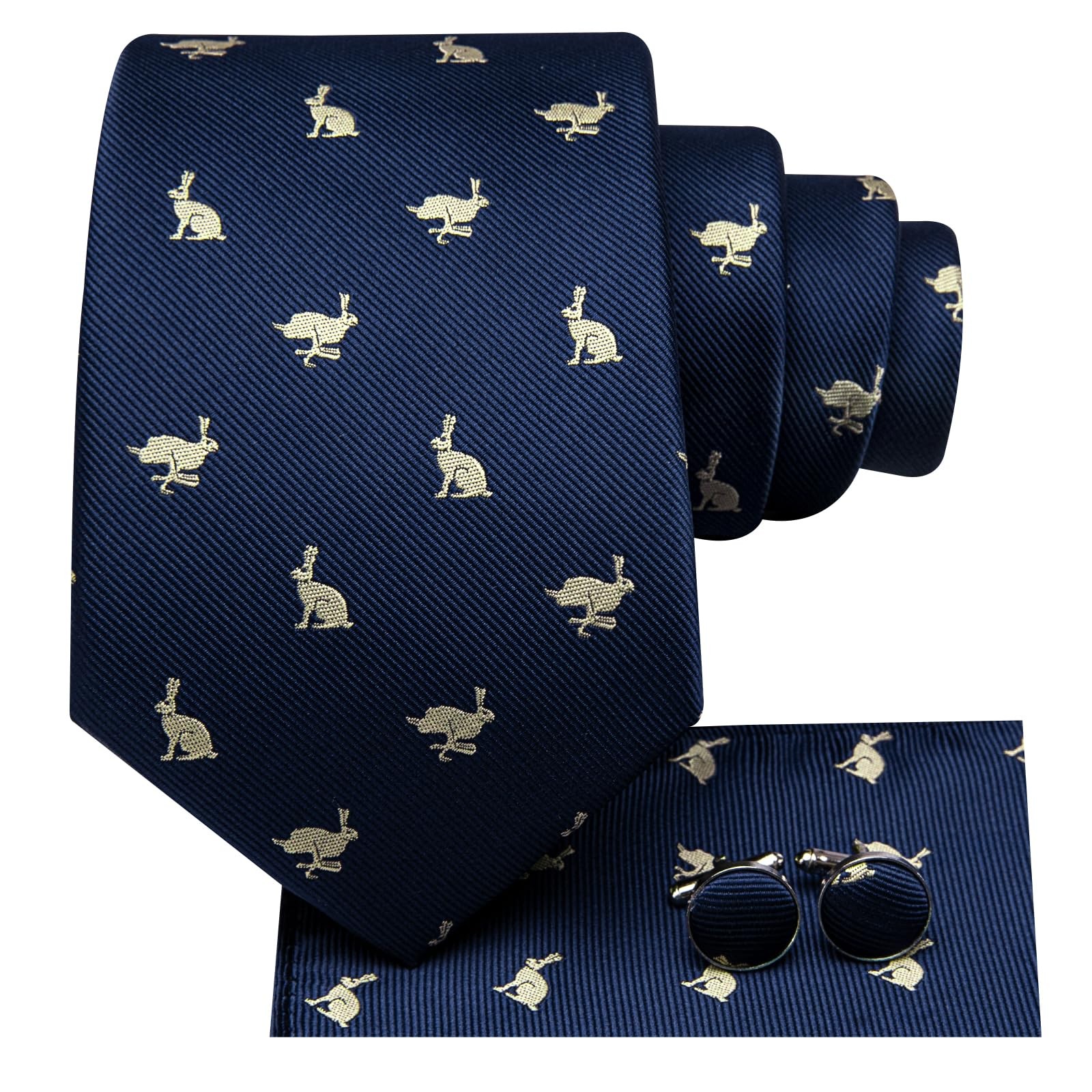 Hi-Tie Easter Rabbits Ties for Men Dark Blue Silk Jacquard Funny Necktie Pock…