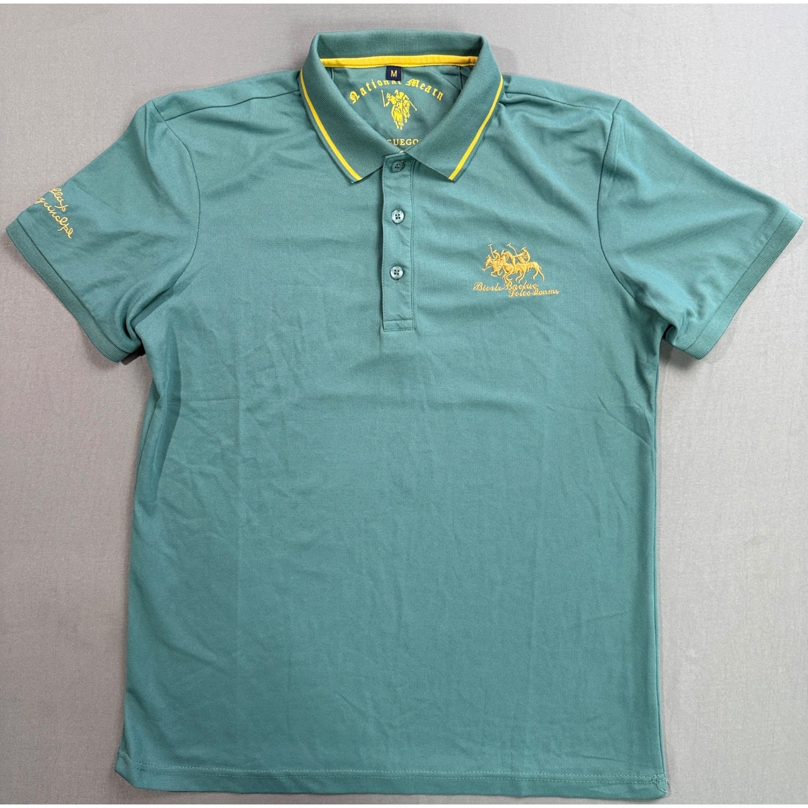 National Mearn Voguegood Polo Shirt Medium Embroidered Green Yellow