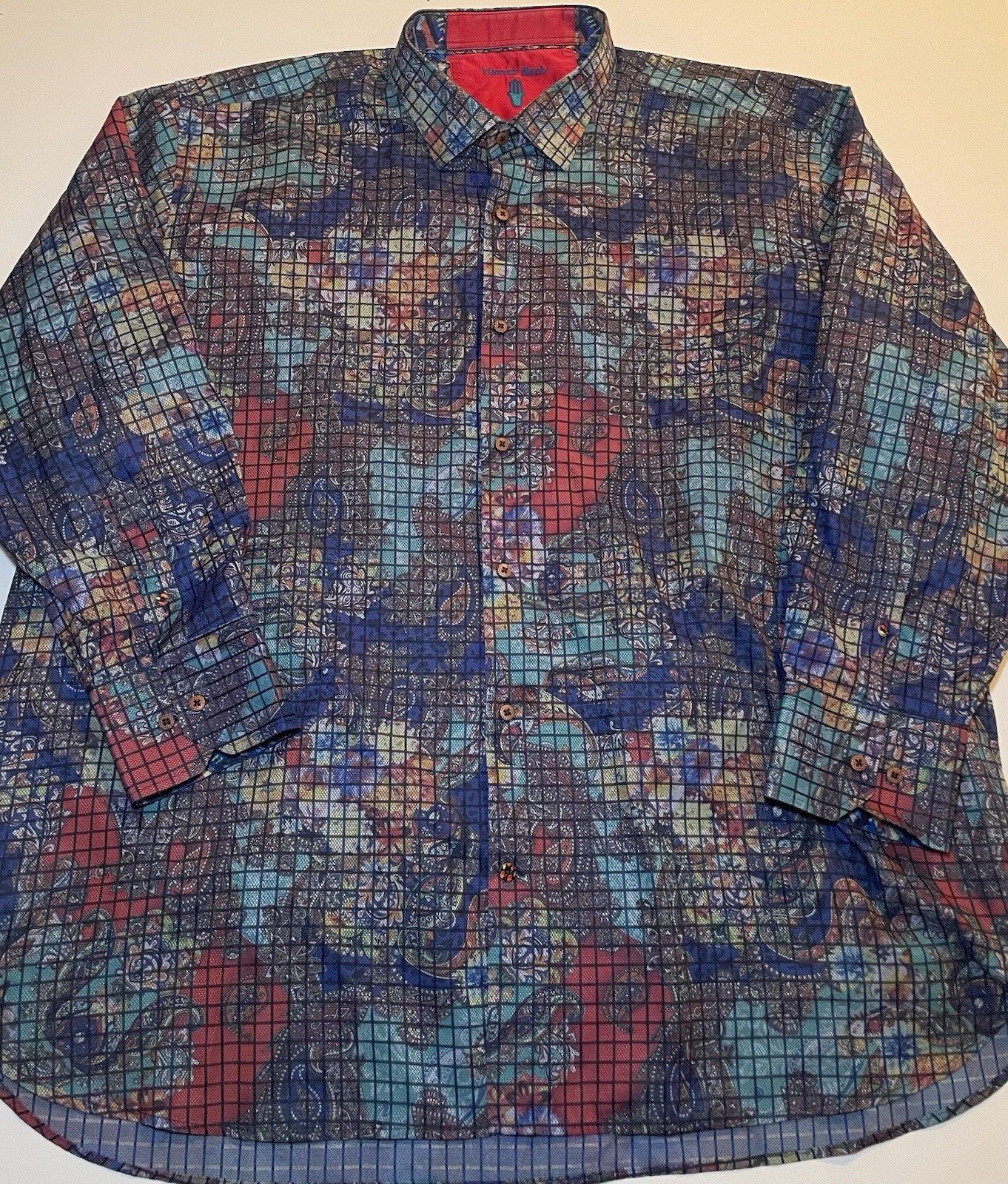 Visconti Black 3XLB Long Sleeve Button Up Shirt Abstract Paisley Grid Colorful