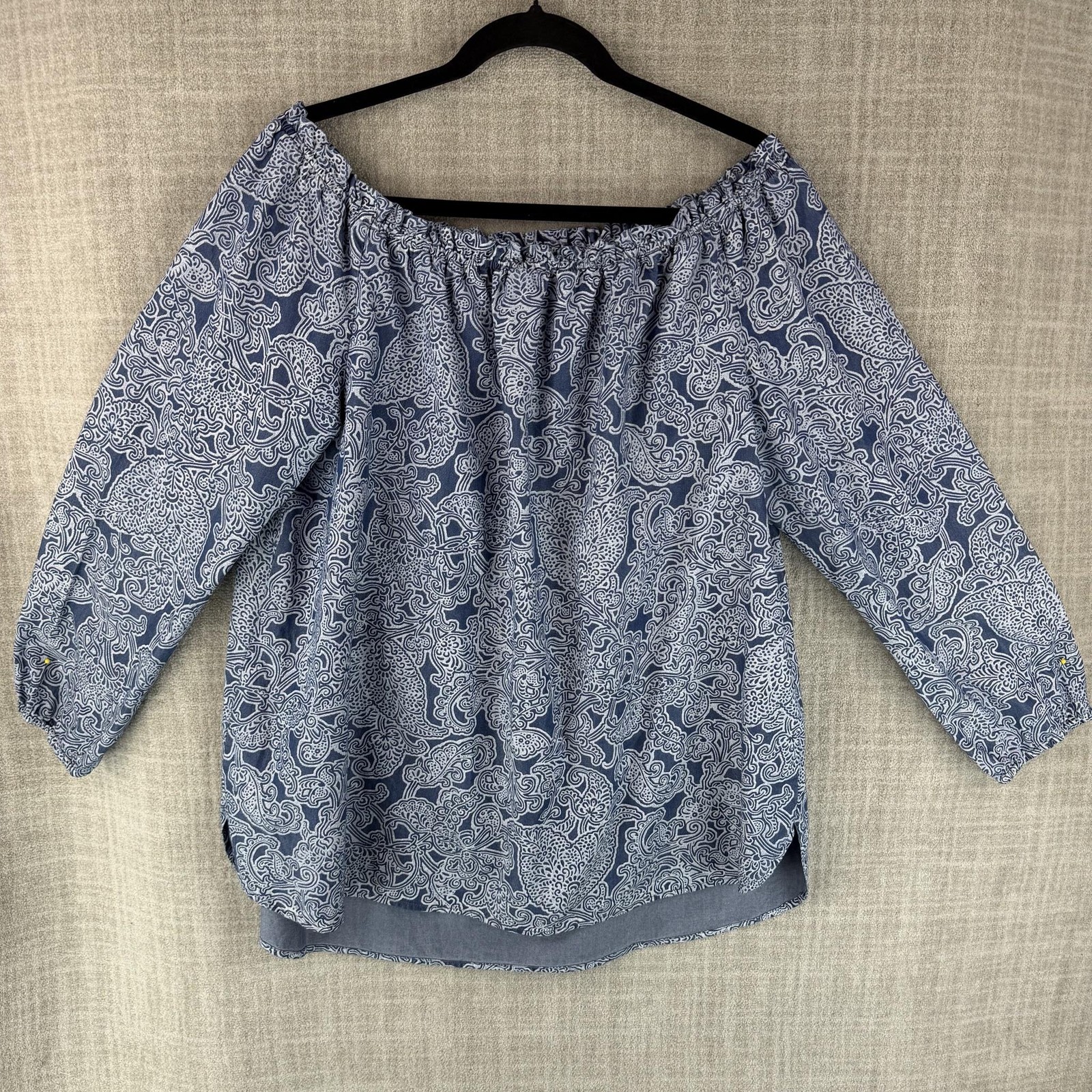 Jones New York Blouse Womens L Blue Paisley Tunic Off Shoulder 3/4 Sleeve