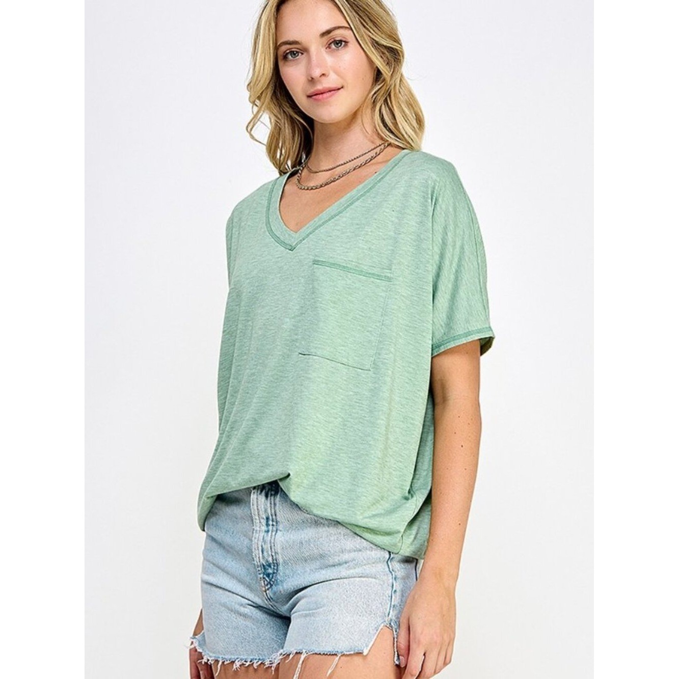 Sage V-Neck Tee With Pocket