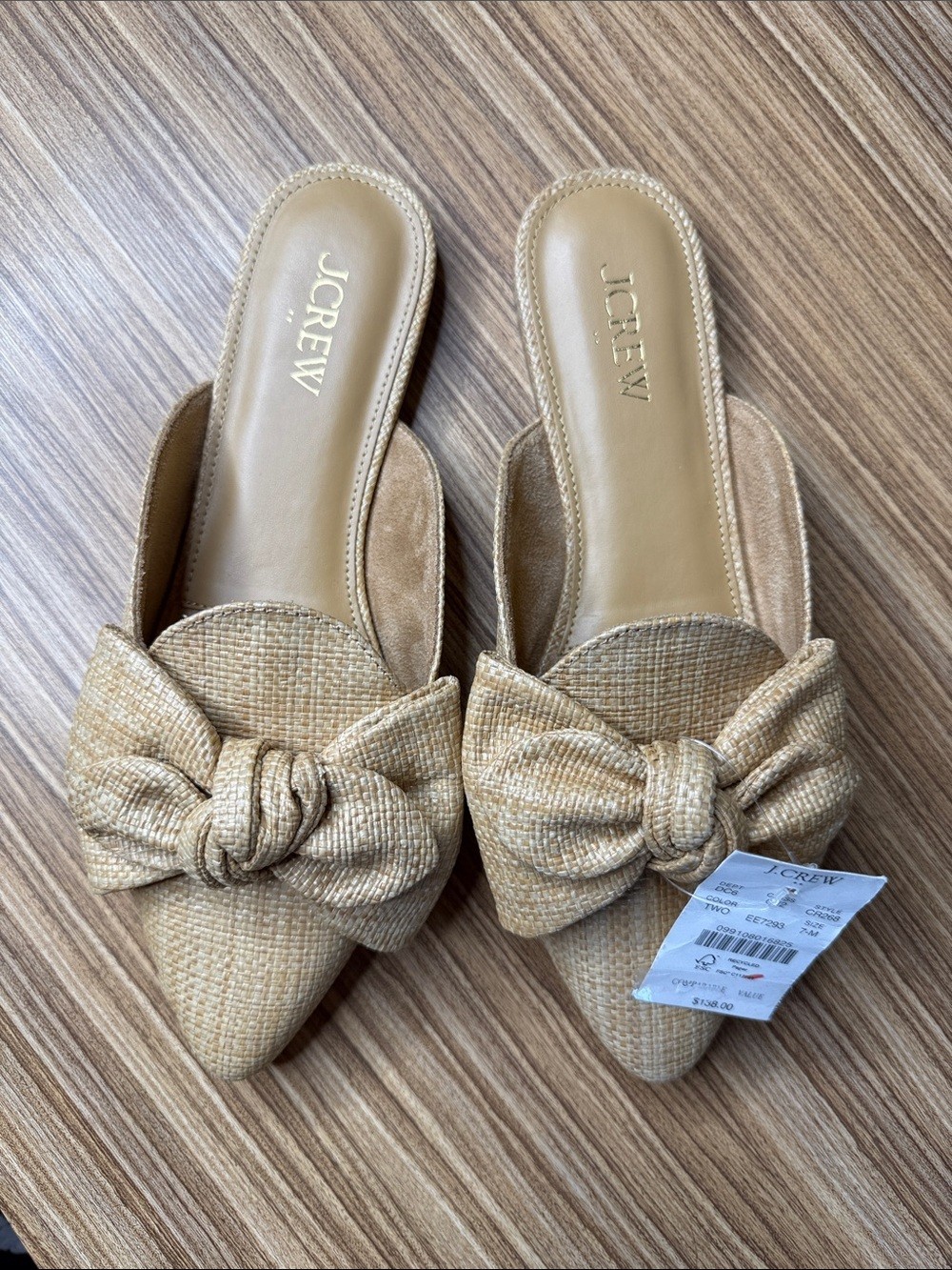 J.Crew Woven Bow Mules Toasted Brown Straw 7 NWT