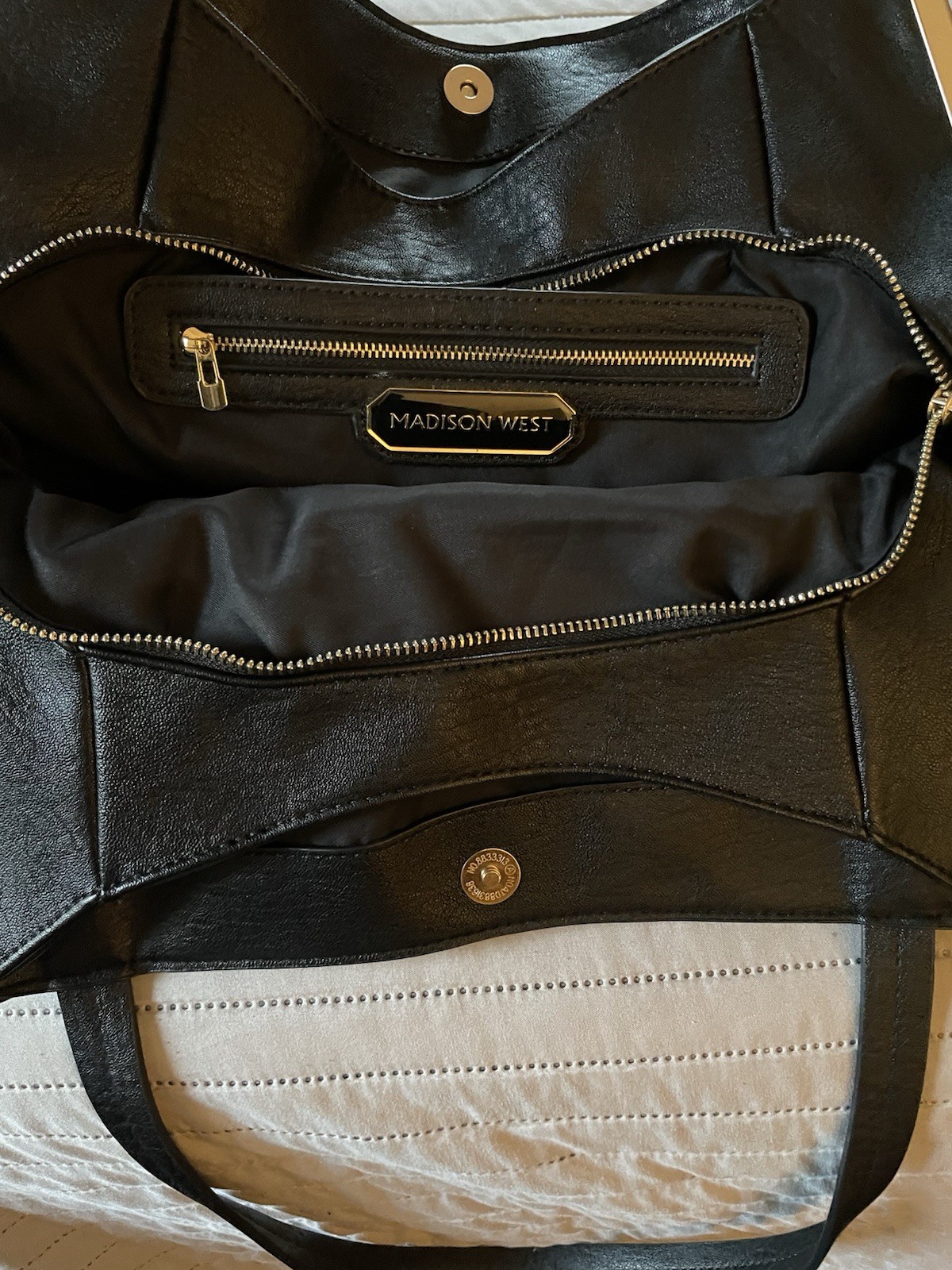 Madison West Black Tote Handbag Gold Hardware Zip & Magnetic Closure, Pockets