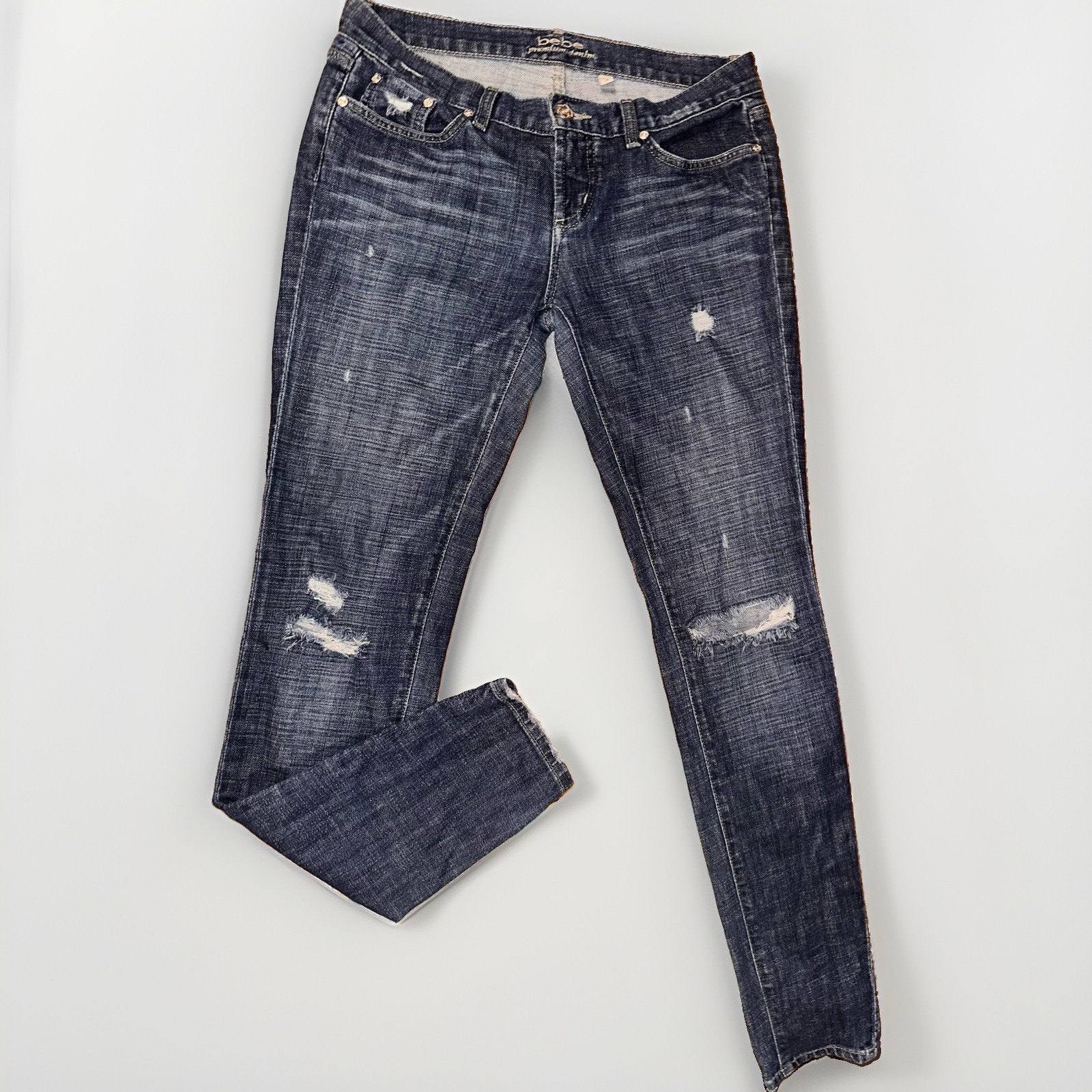 bebe Women’s Dark Wash Distressed Skinny Low Rise 5-Pocket Denim Jeans size 28.