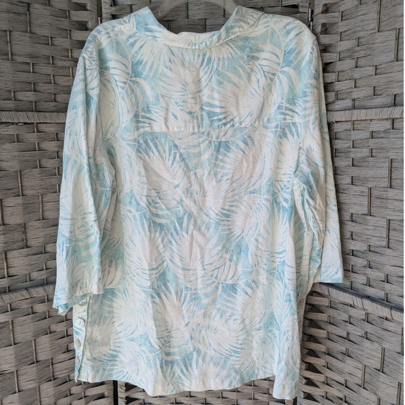 Martha Stewart Light Blue White Palm Print Linen Blend Tunic Top 1X Resortwear