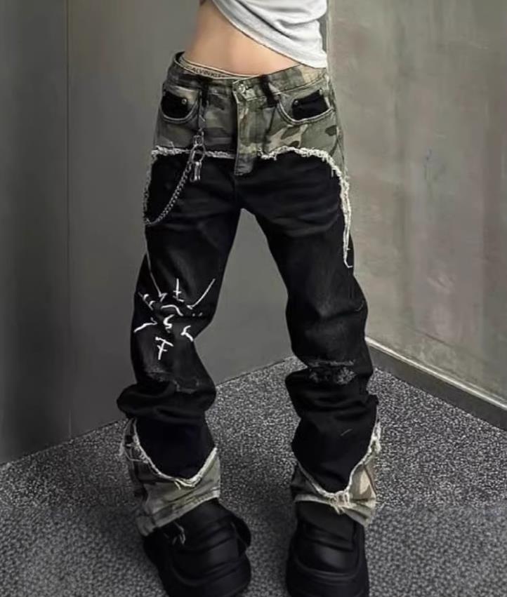 Men’s Black Denim Camouflage Mixed Straight Leg Casual Pants Jeans Punk Hip Hop