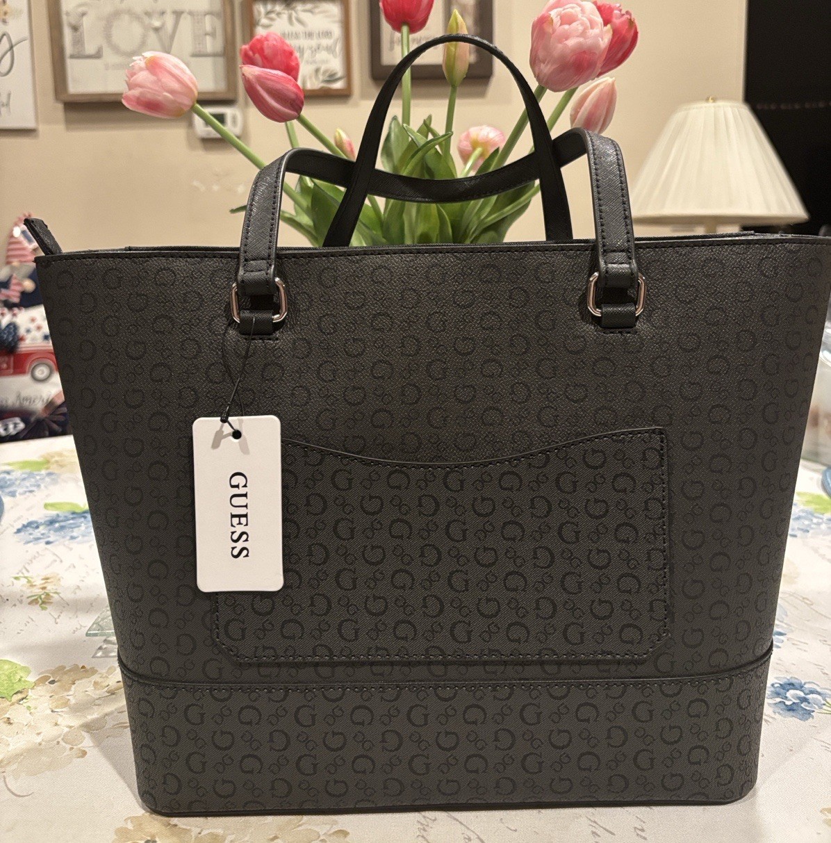 GUESS Black & Gray Monogram Tote Shoulder Bag Zip Top Logo Charm