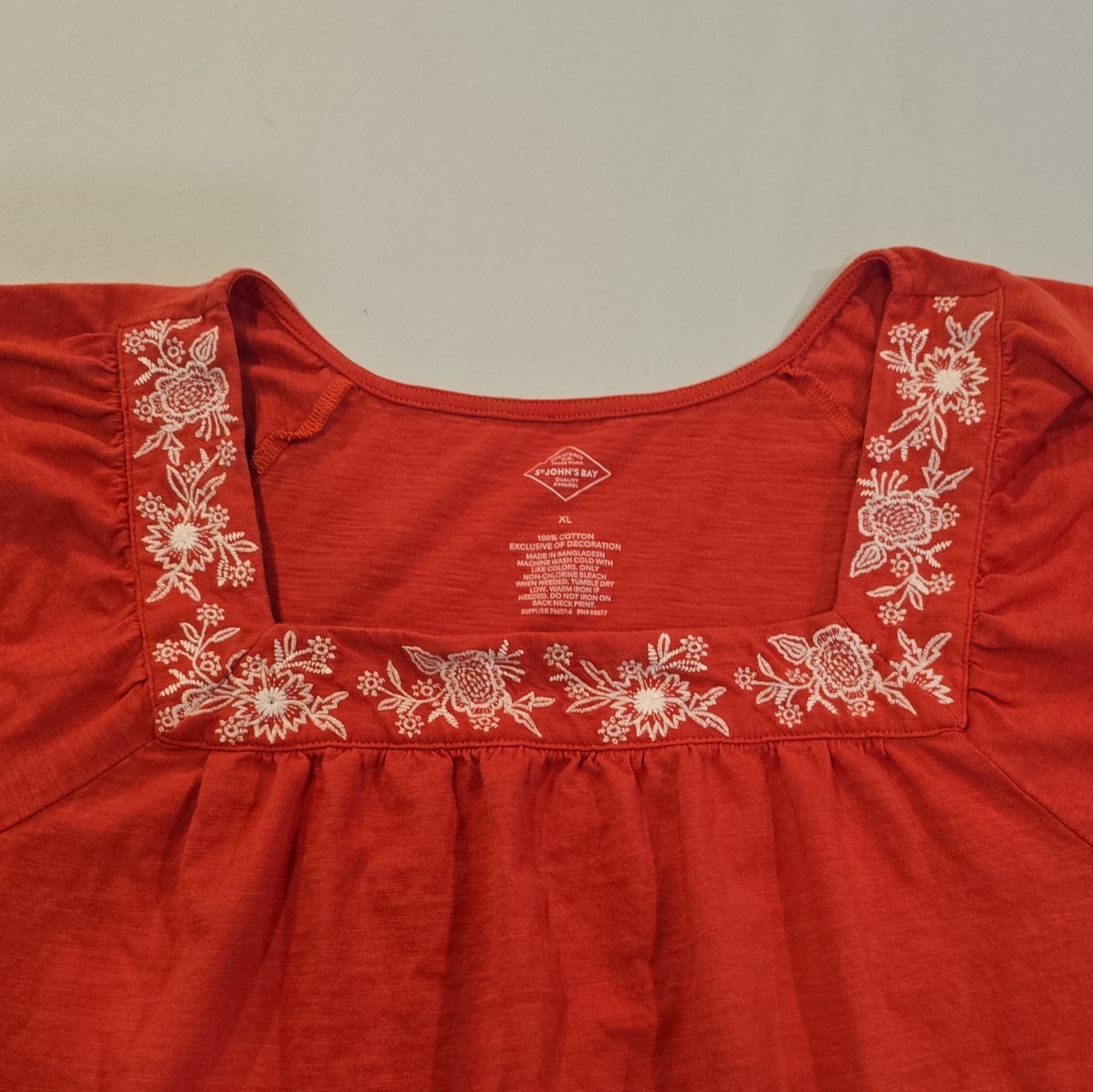 St. John’s Bay Women’s XL Red Square Neck Puff Sleeve Embroidered Peasant Top