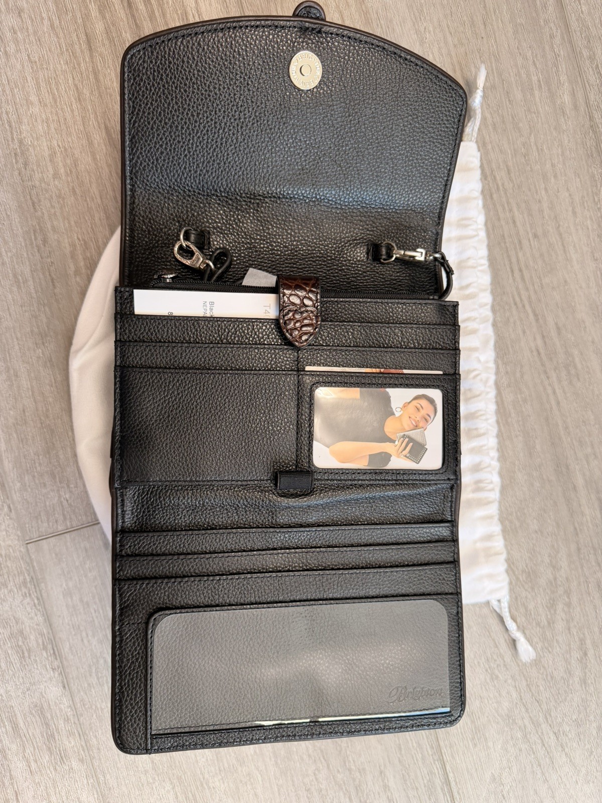 Brighton Nepal Organizer Black Brown Leather Purse Wallet Bag w/ Dust Bag