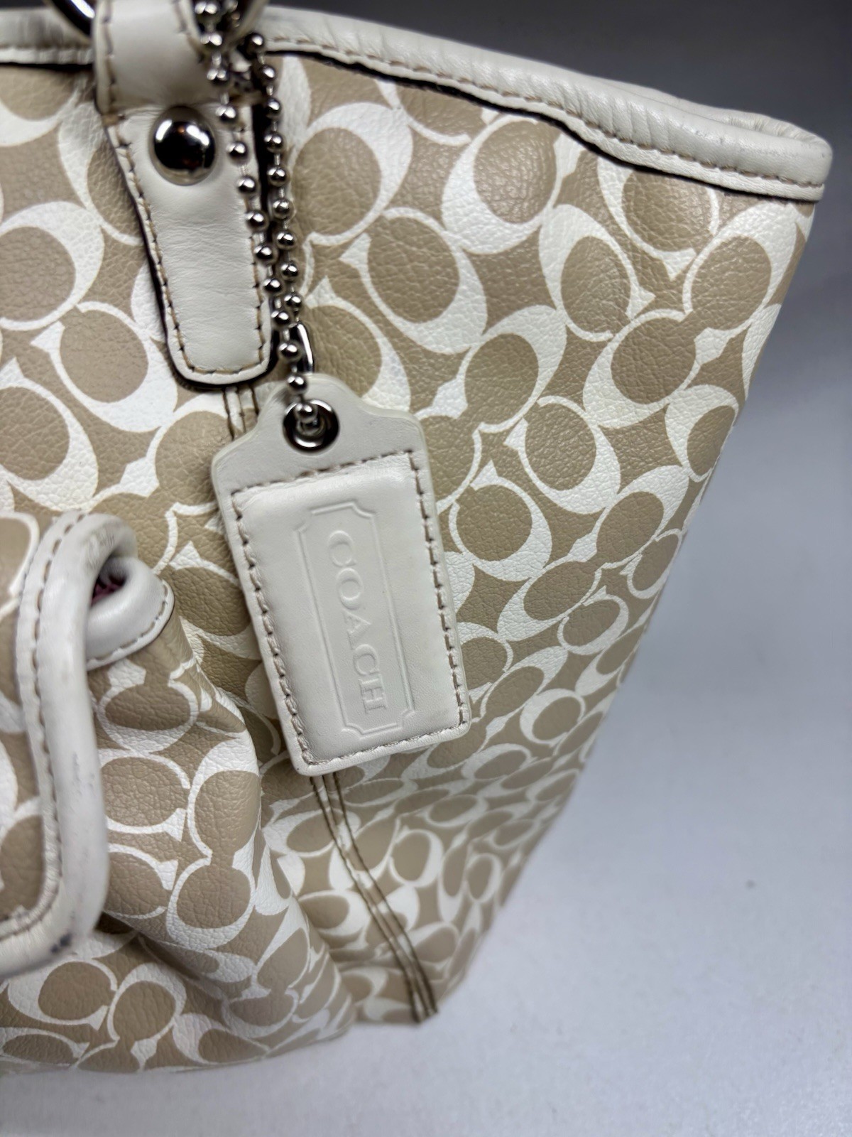 Coach Signature Leah Large Shoulder Tote Bag Khaki White 15135 Handbag Purse