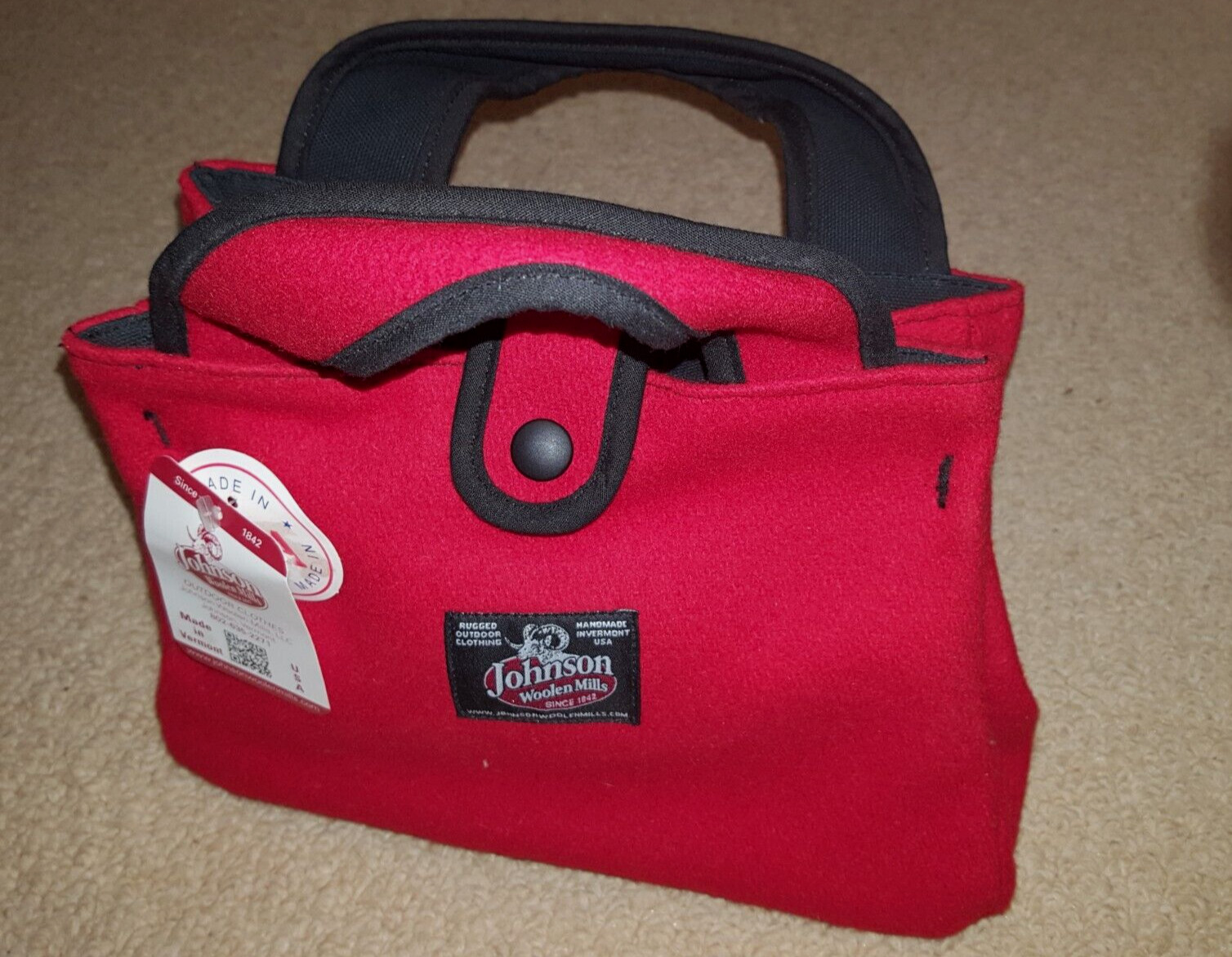 NWT Johnson Woolen Mills Red Wool Bitty Bag Purse Tote Hand Satchel 10”x7″x3″