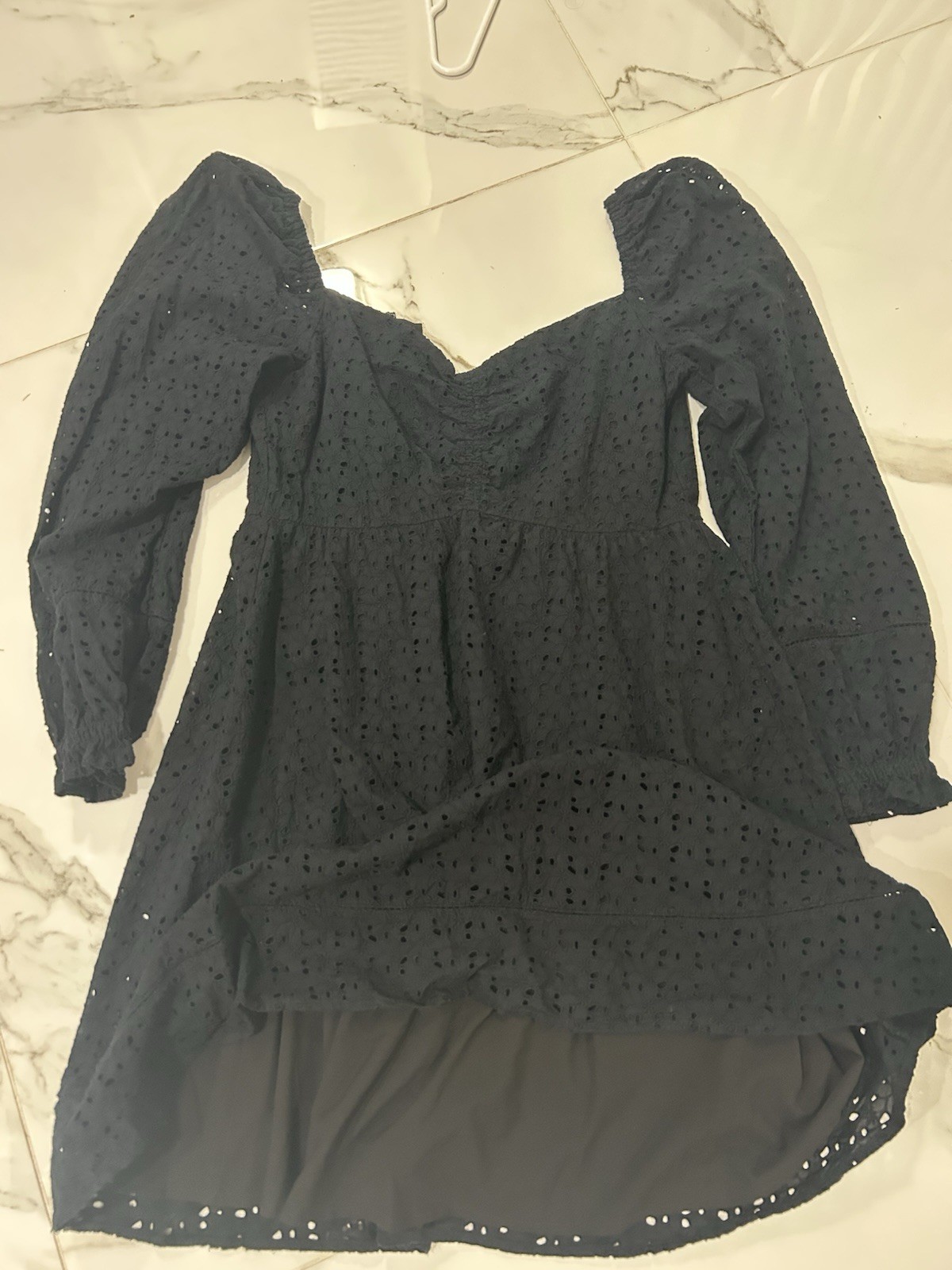 Chelsea28 Black Eyelet Sweetheart Puff Long Sleeve Mini Dress Lined S