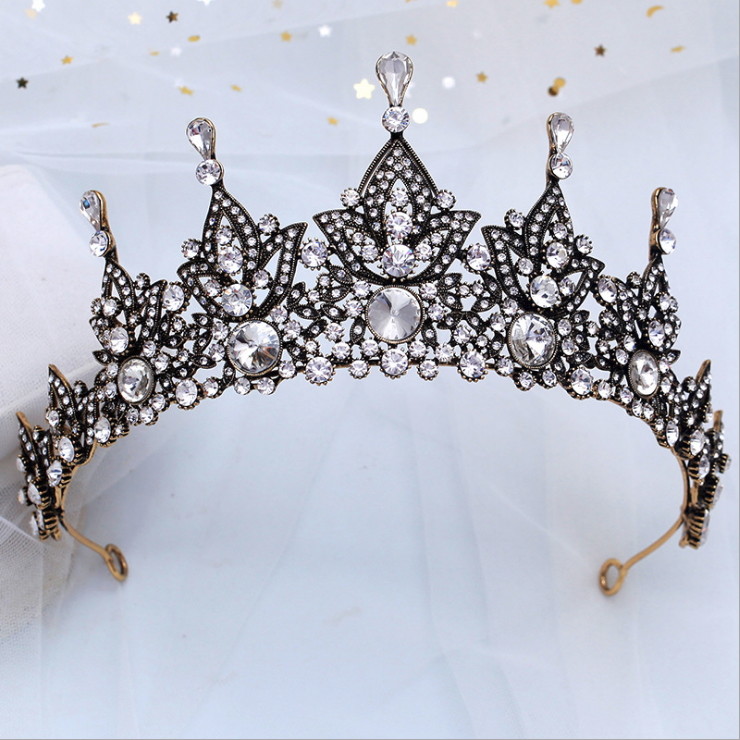 8cm Tall Antique Brass Crystal Wedding Bridal Queen Princess Prom Tiara Crown