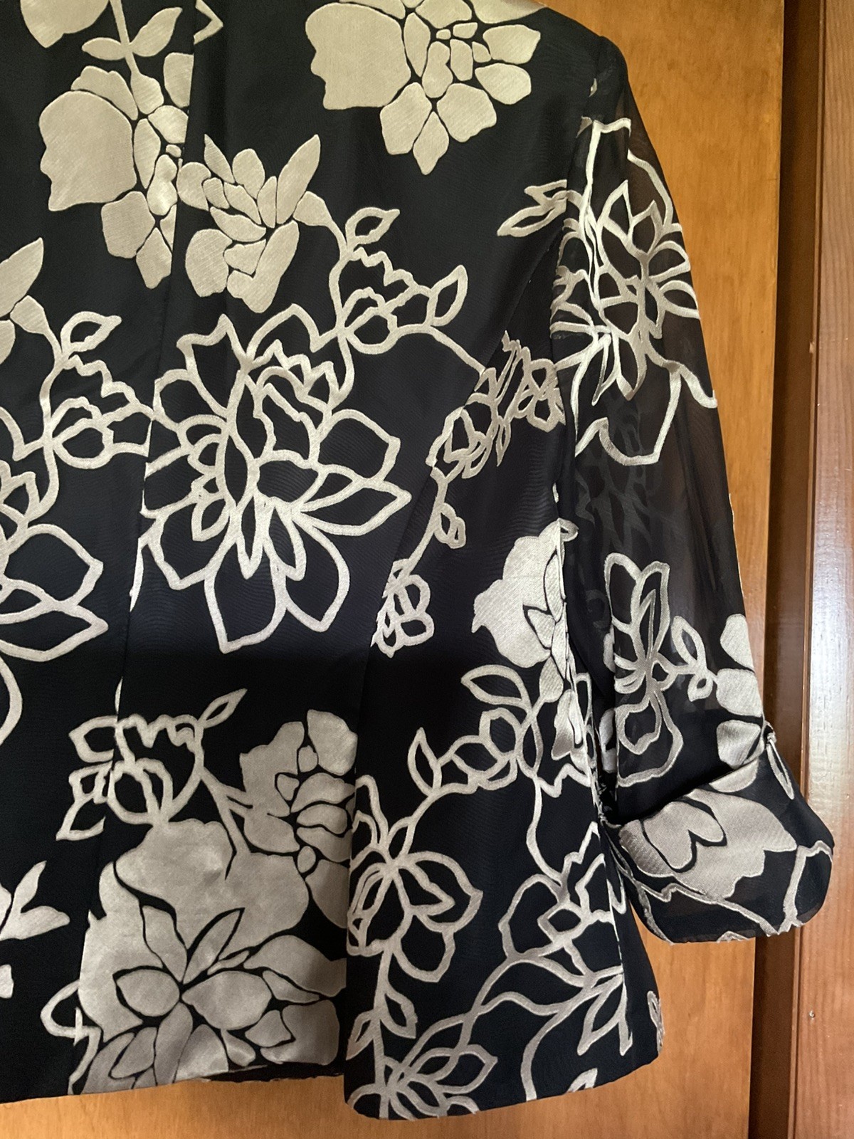 Alex Evenings Jacket Women 2X Black Floral Sheer Chiffon 3/4 Sleeve 80s Vintage
