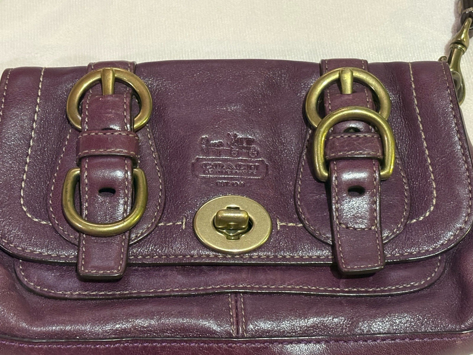 Coach 65th Legacy Stripe Purple Leather Clutch Bag Turn Lock