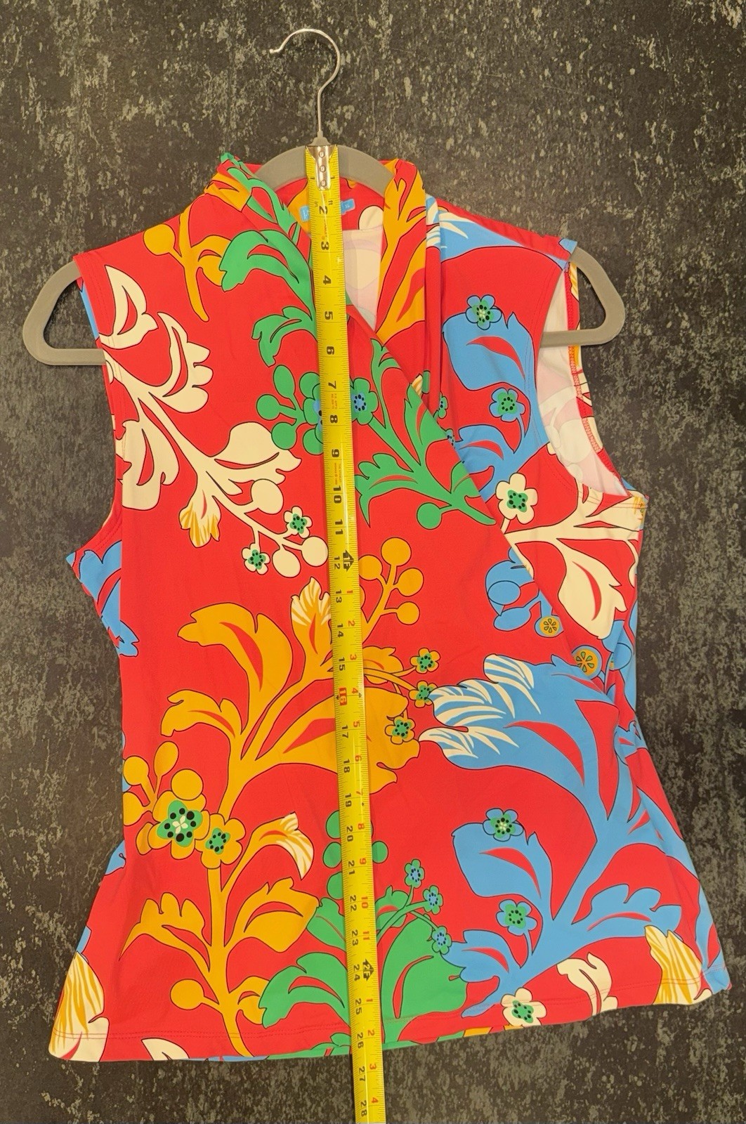 J. McLaughlin XL Sleeveless Faux Wrap Top Red Multicolor Floral Stretch Jersey
