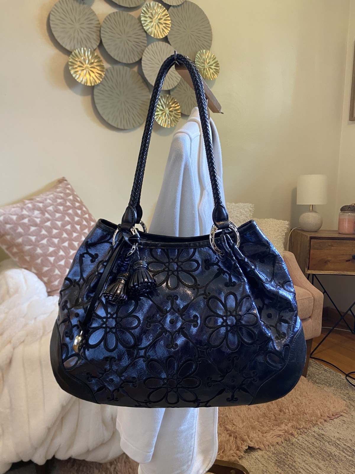 Brighton Valencia Sapphire Blue Metallic Leather Embroidered Flowers EUC