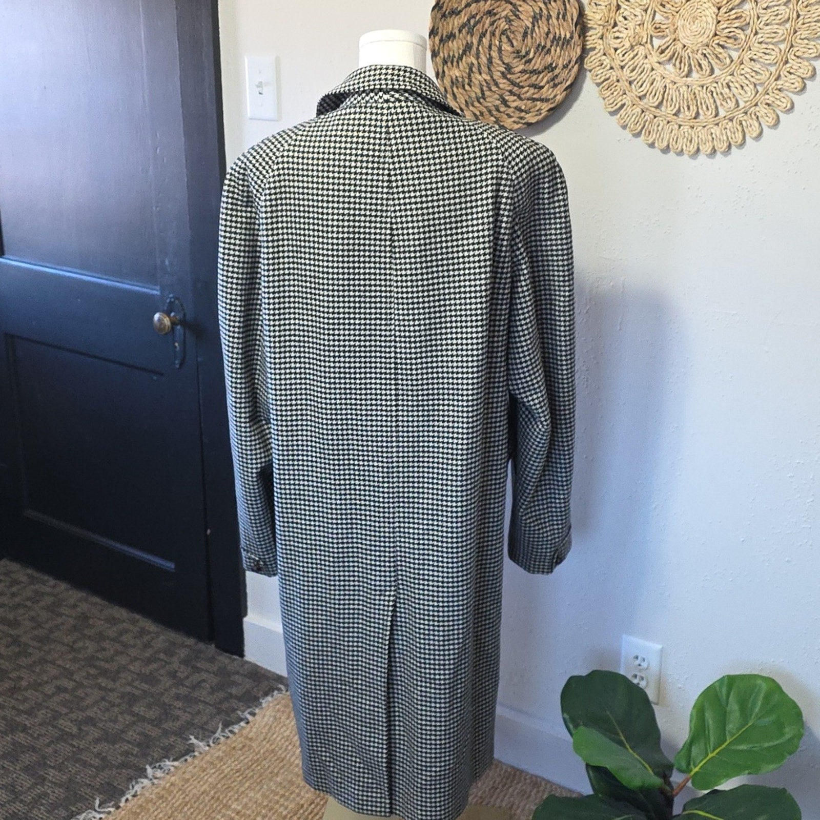 Vtg Penney’s Gentry Black & White Houndstooth Wool Maxi Coat Men’s XL Unisex