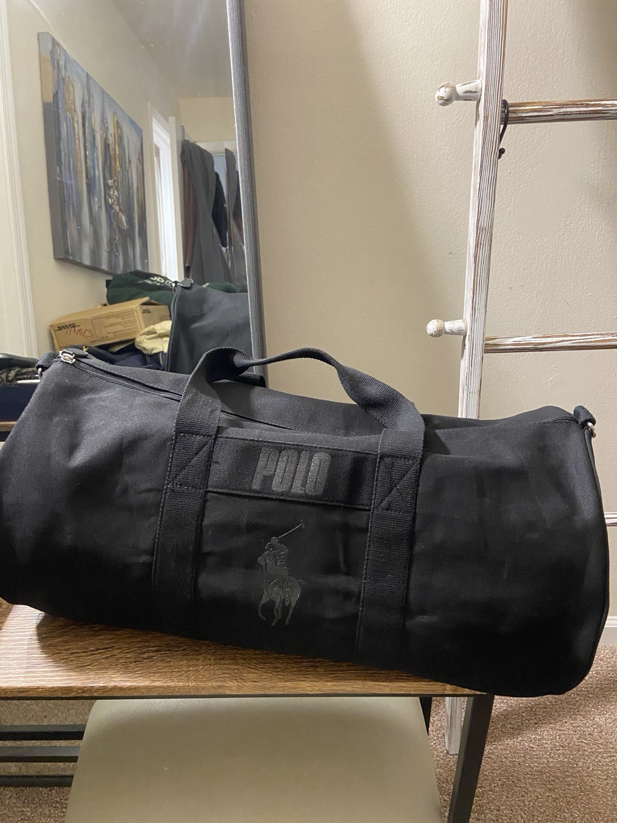 Polo Ralph Lauren Fragrances Black Canvas Nylon Barrel Duffle Boston Bag W Strap
