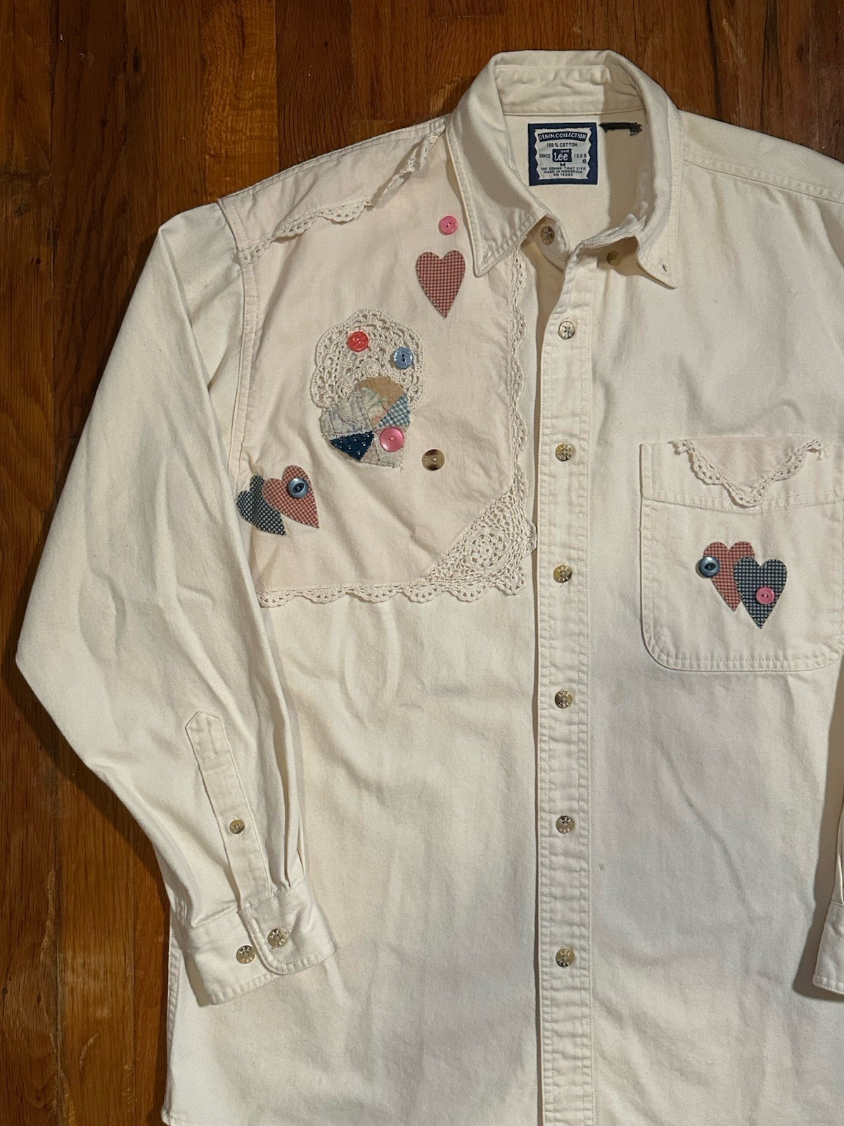 Vintage Lee Cottagecore Patchwork Heart Lace Button Shacket Folk Art Prairie M