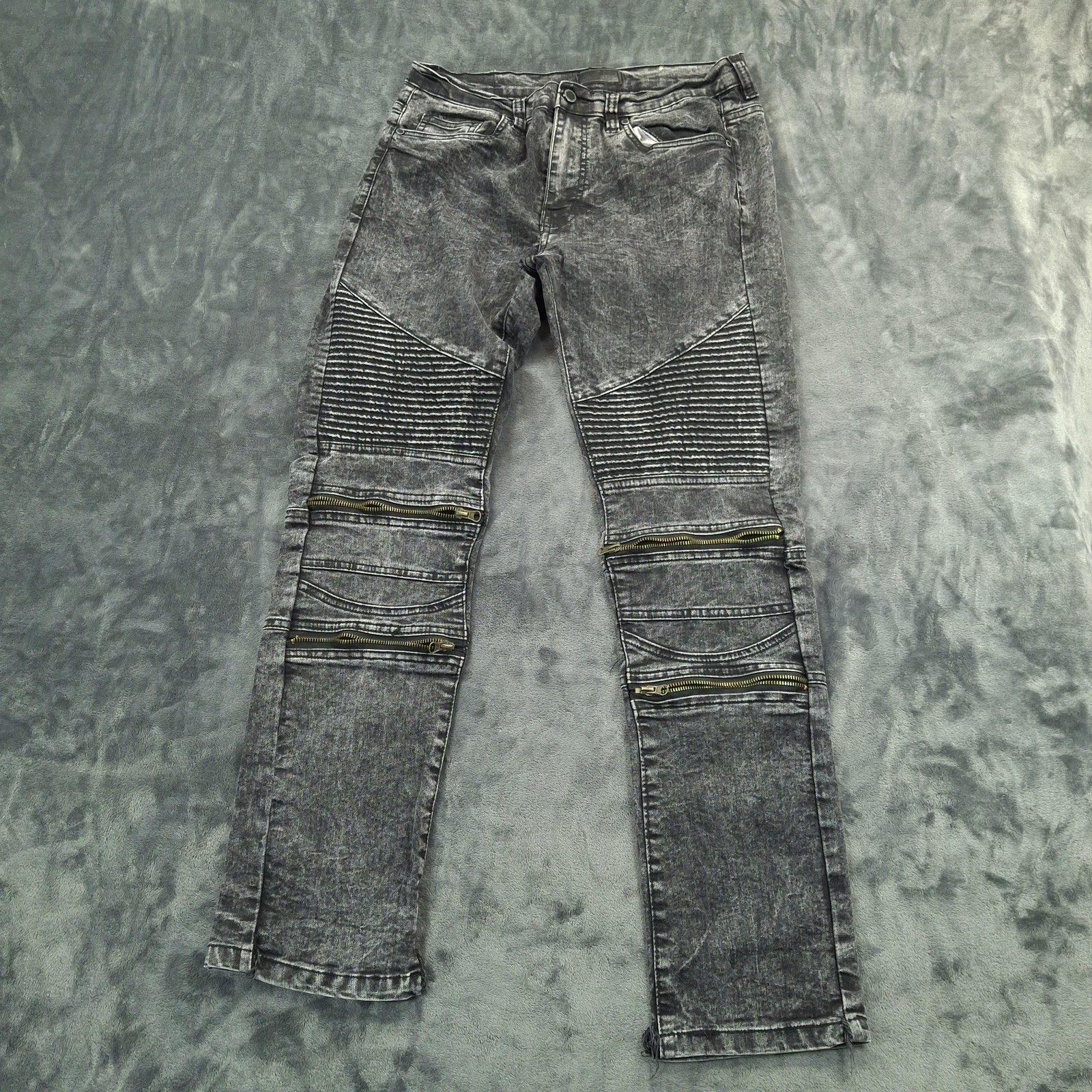 Steves Jeans Biker Jeans Mens 33×30 Black Acid Wash Denim Moto Zip Distressed