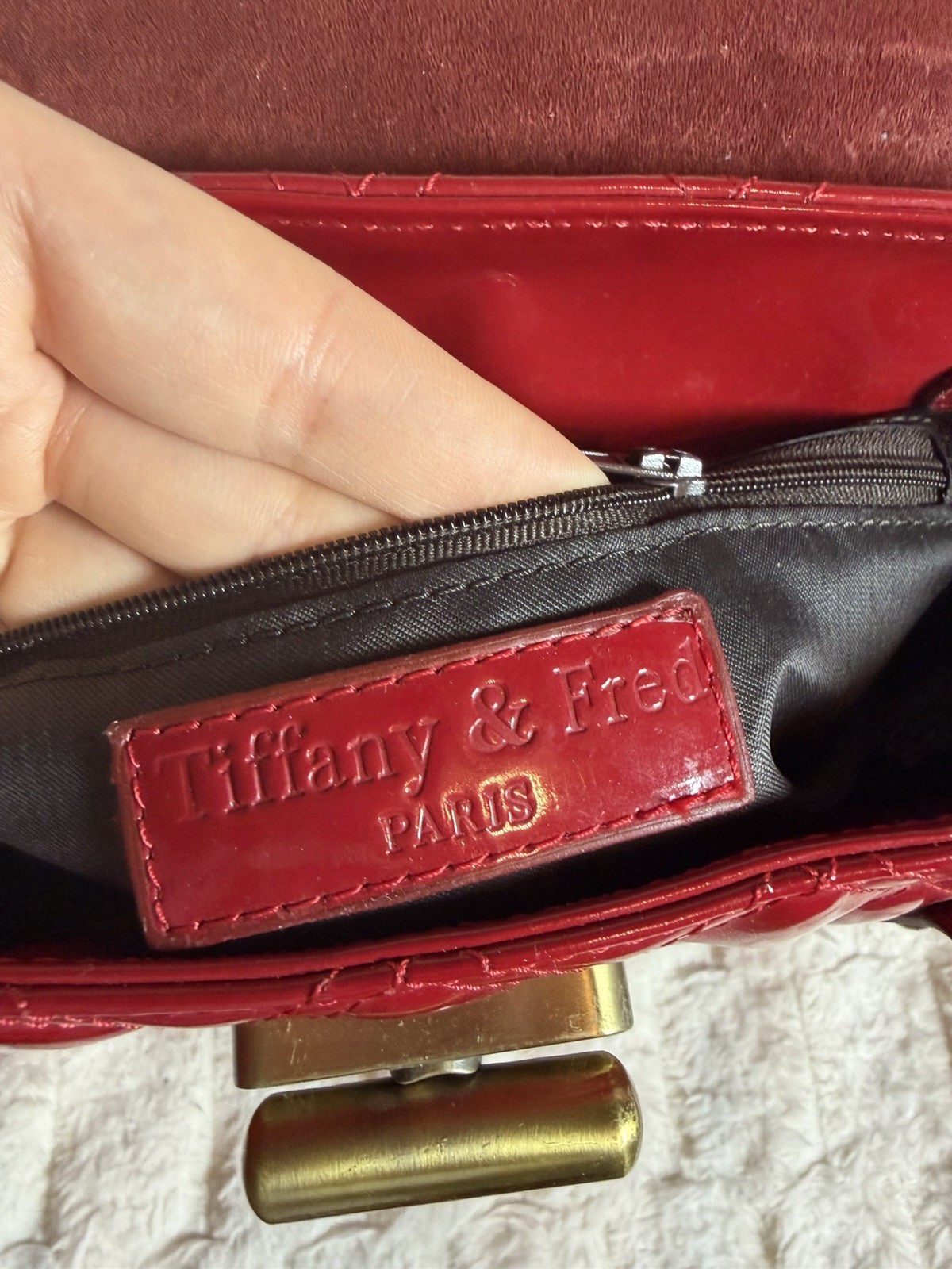 Tiffany & Fred Paris Red Quilted Satchel Top Handle Turn Lock Gold, Pouch