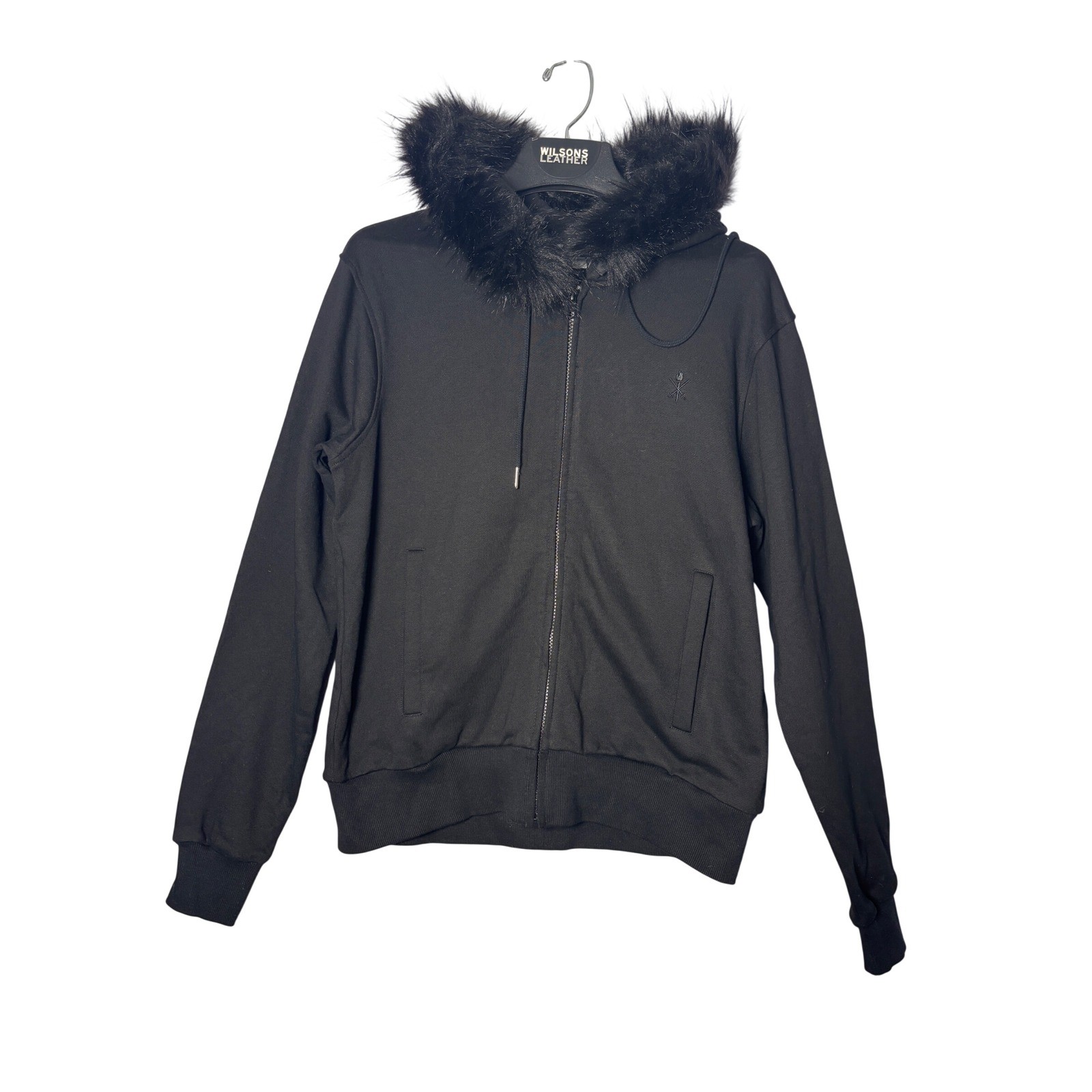 Opening Ceremony Mens Hoodie XS Black Faux Fur Trim Hood Zip Up Streetwear NEW