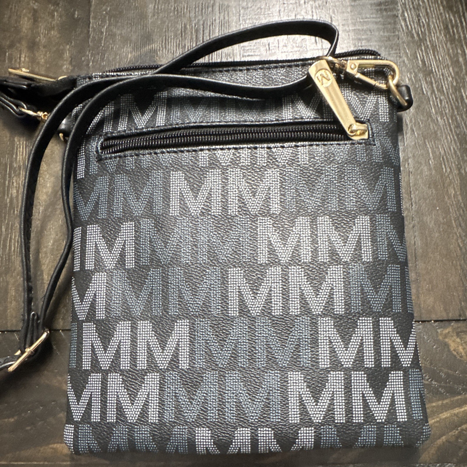 Milan MFK Collection Black/Blue Zip Crossbody Bag, Gold Hardware, Small