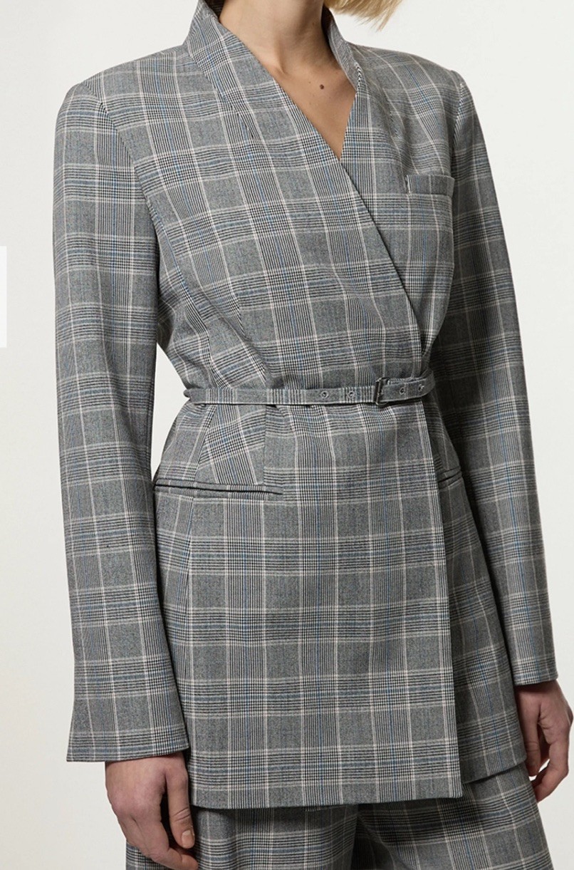 Karen Millen Grey Blue Check Plaid Tailored Collarless Belted Blazer w/Belt Sz 2