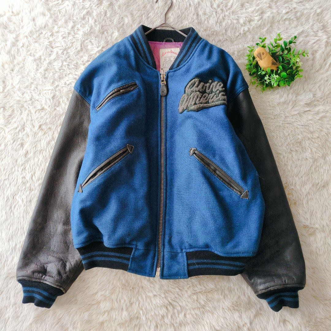 AVIREX Leather Wool Stadium Jacket Blouson Coat Men Size M Blue Black Vintage