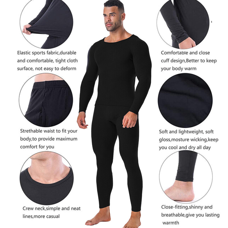 Men’s Long Johns Set Fleece Lined Thermal Underwear Top Bottom Set Winter Warm