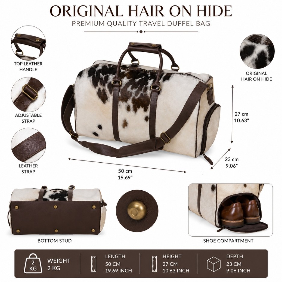 Cowhide Leather Hair On Duffel Weekender Luggage Bag Travel Overnight Gym Bag