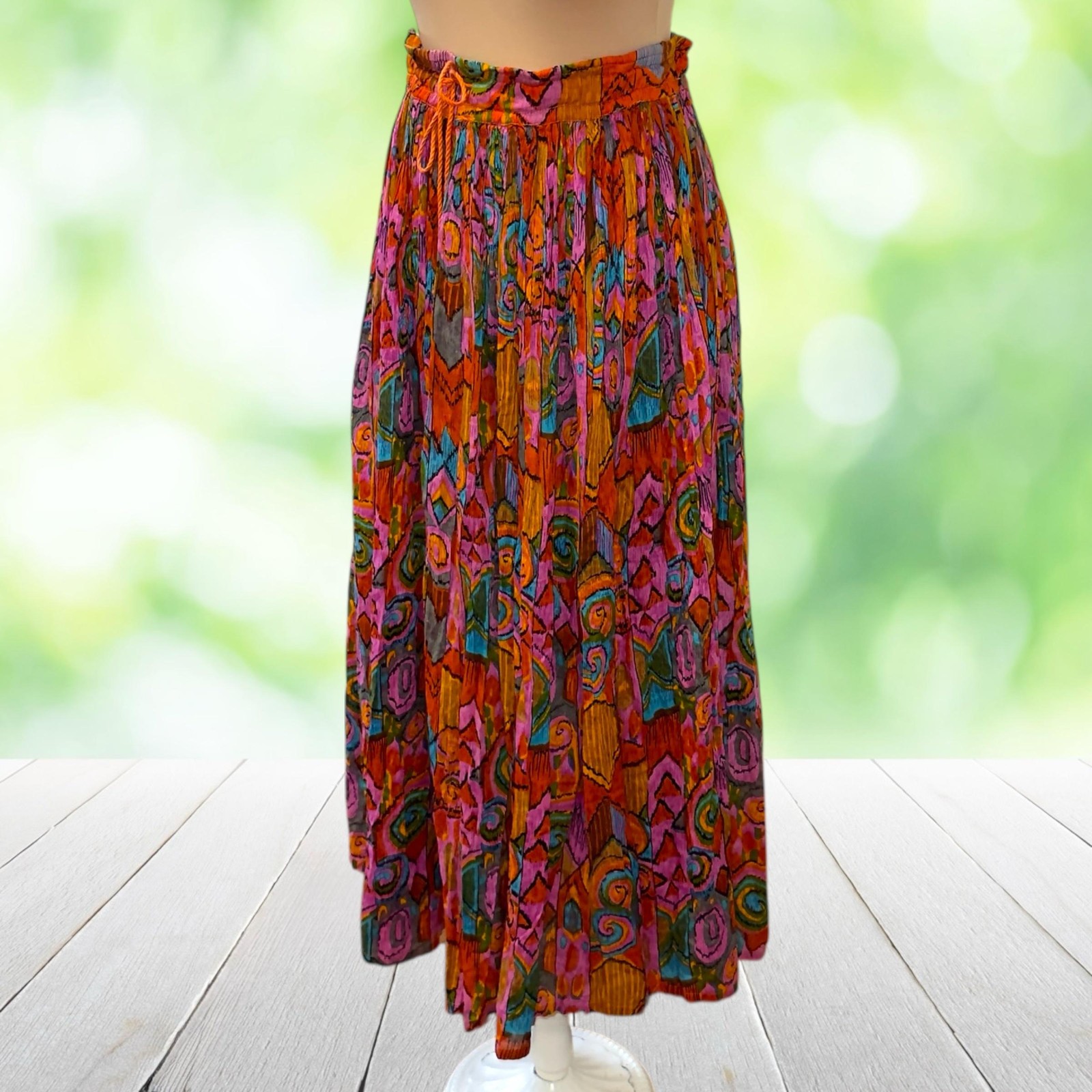 Vintage 80s Maxi Skirt Crinkle Cotton Beaded Tassel Bright Boho Drawstring Sz M