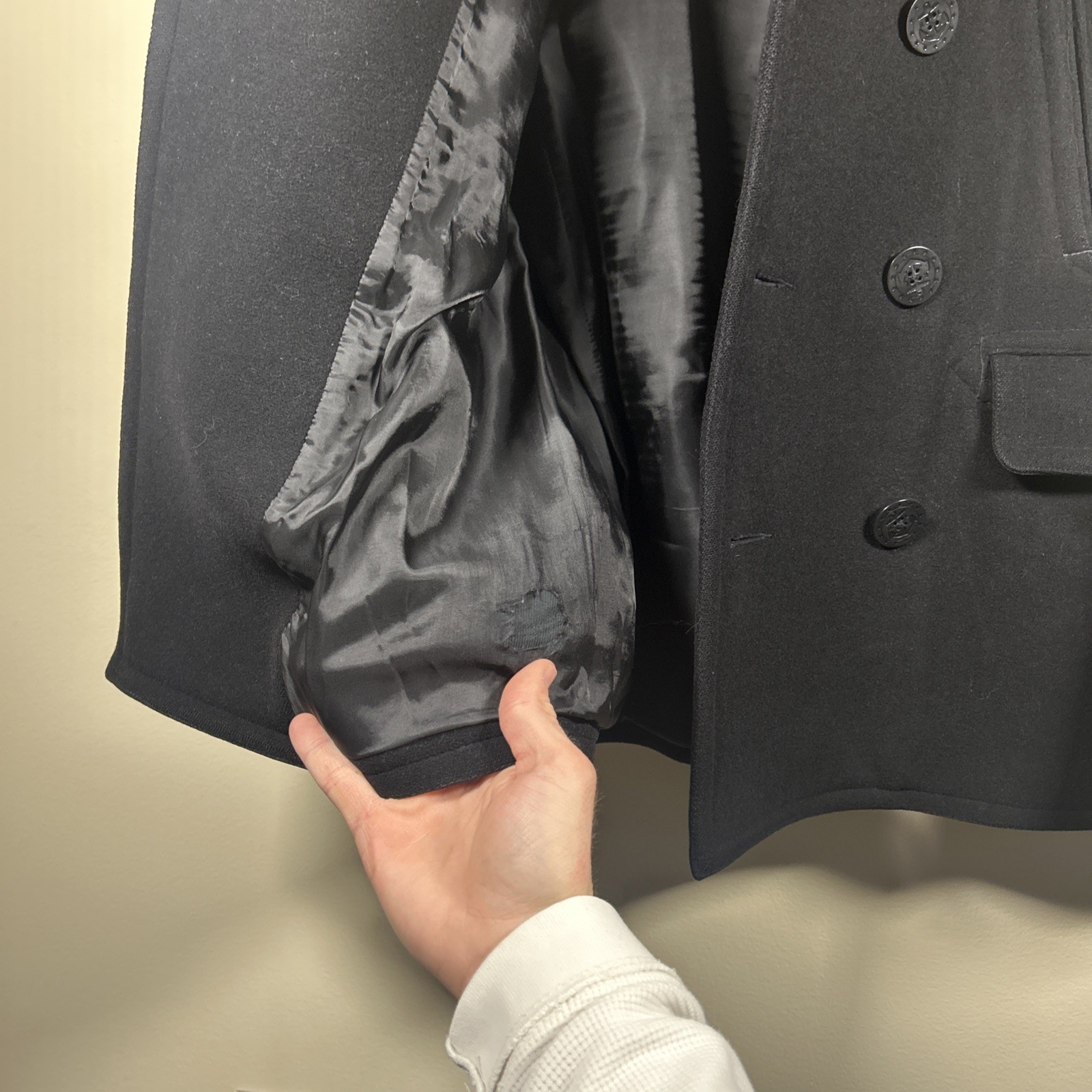 Polo Ralph Lauren Pea Coat Large Black Wool Double Breasted Anchor Naval RRL