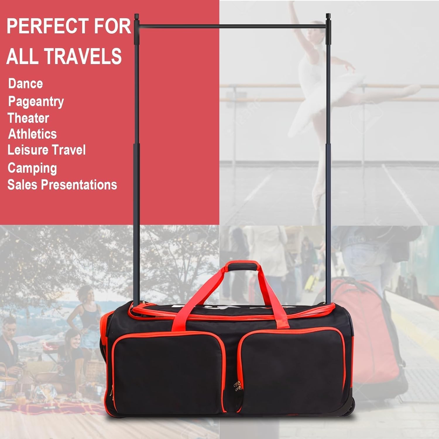 28 Inch Dance Bag with Garment Rack Rolling Duffel Wheels for Travel Black