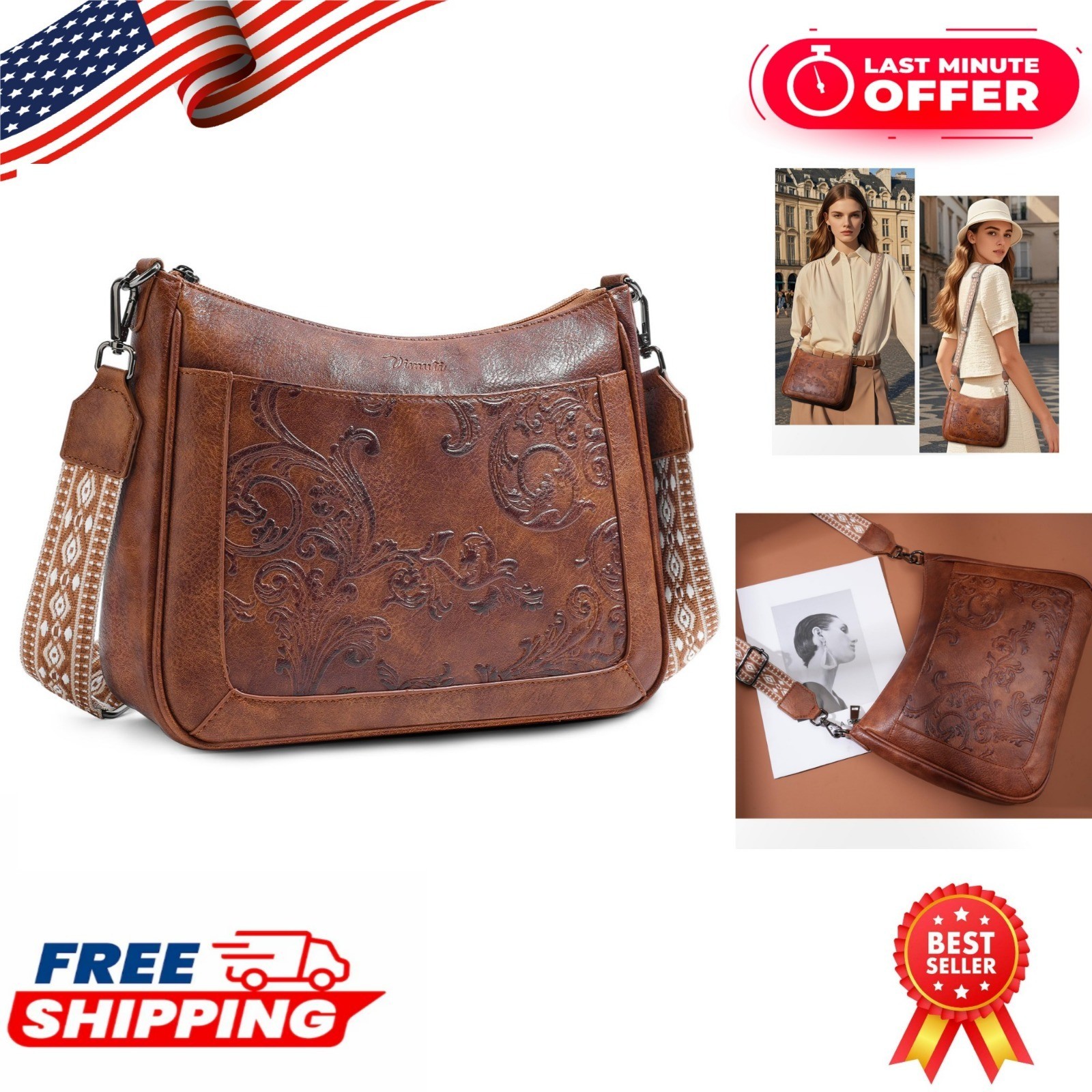 VIMUTI Vegan Leather Crossbody Bag with Adjustable Strap – Floral Design